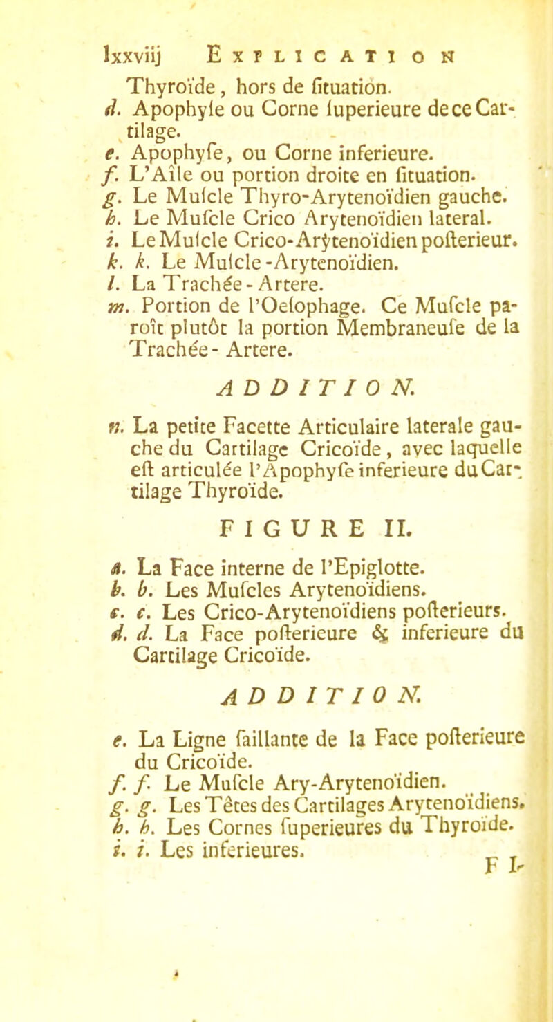 Thyroïde, hors de fituation. d. Apophyie ou Corne luperieure de ce Car- tilage. e. Apophyfe, ou Corne inférieure. /, L'Aîle ou portion droite en fituation. g. Le Mufcle Thyro-Arytenoïdien gauche. i>. Le Mufcle Crico Arytenoïdien latéral. i. LeMulcle Crico-Arytenoïdien pofterieur. k. k. Le Muicle -Arytenoïdien. /. La Trachée-Artère. m. Portion de l'Oeiophage. Ce Mufcle pa- roît plutôt la portion Membraneufe de la Trachée - Artère. ADDITION. n. La petite Facette Articulaire latérale gau- che du Cartilage Cricoïde, avec laquelle eft articulée l'Apophyfe inférieure duCar- tilage Thyroïde. FIGURE IL 4. La Face interne de l'Epiglotte. b. b. Les Mufcles Arytenoïdiens. €. c. Les Crico-Arytenoïdiens pofterieurs. d. d. La Face poflerieure ^ inférieure du Cartilage Cricoïde. ADDITION. e. La Ligne Taillante de la Face pofterieure du Cricoïde. /. /. Le Mufcle Ary-Arytenoïdien. g. g. Les Têtes des Cartilages Arytenoïdiens. h. h. Les Cornes fuperieures dii Thyroïde. i. i. Les inférieures. ^ ^
