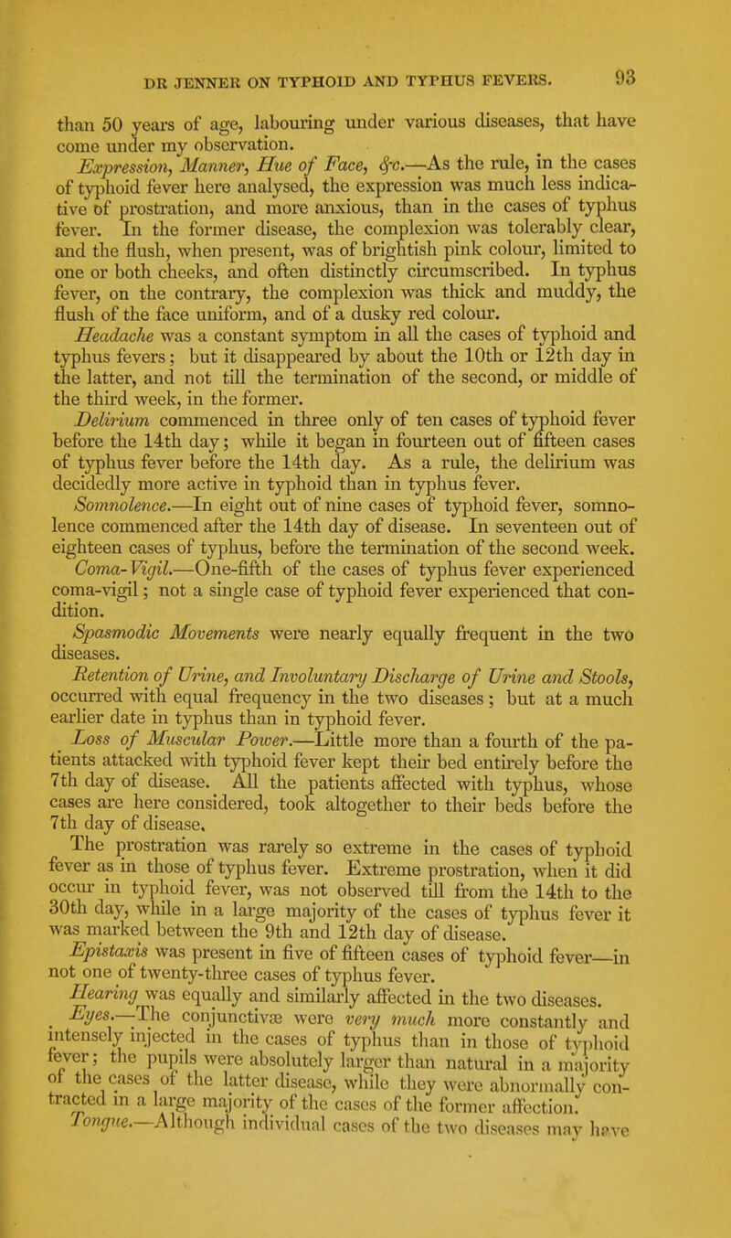 than 50 years of age, labouring under various diseases, that have come under my observation. Expression, Manner, Hue of Face, ^r.—As the rule, in the cases of typlioid fever here analysed, the expression was much less indicar- tive of prostration, and more anxious, than in the cases of typhus fever. In the former disease, the complexion was tolerably clear, and the flush, when present, was of brightish pink colour, limited to one or both cheeks, and often distinctly circumscribed. In typhus fever, on the contrary, the complexion was thick and muddy, the flush of the face uniform, and of a dusky red colour. Headache was a constant symptom in all the cases of typhoid and typhus fevers; but it disappeared by about the 10th or 12th day in the latter, and not till the termination of the second, or middle of the thu'd week, in the former. Delirium commenced in three only of ten cases of typhoid fever before the 14th day; while it began in fourteen out of fifteen cases of typhus fever before the 14th day. As a rule, the delirium was decidedly more active in typhoid than in typhus fever. Somnolence.—In eight out of nine cases of typhoid fever, somno- lence commenced after the 14th day of disease. In seventeen out of eighteen cases of typhus, before the termination of the second week. Coma-Vigil.—One-fifth of the cases of typhus fever experienced coma-vigil; not a single case of typhoid fever experienced that con- dition. Spasmodic Movements were nearly equally frequent in the two diseases. Retention of Unne, and Involuntary Discharge of Urine and Stools, occun-ed with equal frequency in the two diseases ; but at a much earlier date in typhus than in typhoid fever. Loss of Muscular Power.—Little more than a fourth of the pa- tients attacked with typhoid fever kept their bed entu'ely before the 7th day of disease. AU the patients afiected with typhus, whose cases are here considered, took altogether to their beds before the 7th day of disease. The prostration was rarely so extreme in the cases of typhoid fever as in those of typhus fever. Extreme prostration, when it did occm- in typhoid fever, was not observed till from the 14th to the 80th day, while in a large majority of the cases of typhus fever it was marked between the 9th and 12th day of disease. Epistaxis was present in five of fifteen cases of typhoid fever in not one of twenty-three cases of typhus fever. Hearing was equally and similarly affected in the two diseases. _ Eyes.—T\\e conjunctivae were very much more constantly and intensely mjected in the cases of typhus than in those of tviihoid fever; the pupils were absolutely larger thaii natural in a majority ot the cases of the latter disease, while they were abnormally con- tracted m a large majority of the cases of the former affection. longue.—Alihongh mdividual cases of the two diseases may hpve