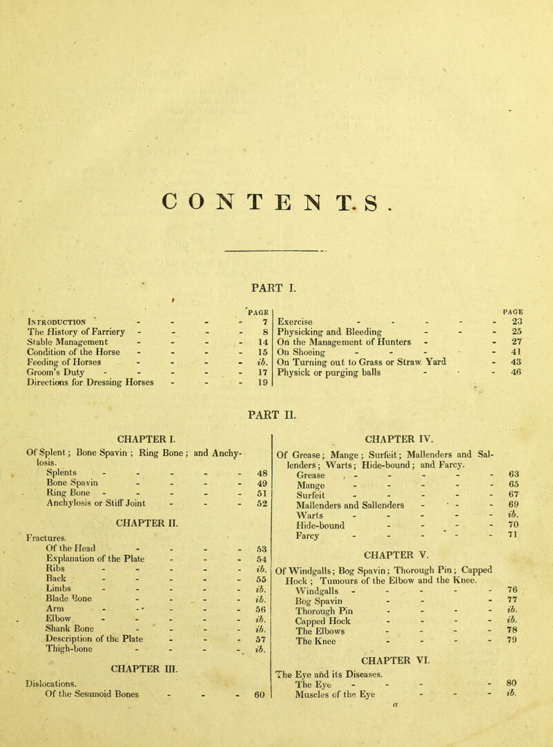 C O N T E N T. S . PART I. Introduction The History of Farriery Stable Management Condition of the Horse Feeding of Horses Groom's Duty Directions for Dressing Horses PAGE 7 8 14 15 ib. 17 19 Exercise ... Physicking and Bleeding On the Management of Hunters On Shoeing - On Turning out to Grass or Straw Yard Physick or purging balls PAGE 23 25 27 41 43 46 PART 11. CHAPTER I. Of Splent; Bone Spavin ; Ring Bone ; and Anchy- losis. Splents - - - - - 48 Bone Spavin - - - - 49 Ring Bone - - - - - 51 Anchylosis or Stiff Joint - - - 52 CHAPTER II. Fractures. Of the Head - . - - 53 Explanation of the Plate - - - 54 Ribs - - - . . ih. Back - - - - - 55 Limbs . - - - . ib. Blade Bone - - - ib. Arm - - • ~ - - 56 Elbow - - - - - ib. Shank Bone - ' - - ib. Description of the Plate - - - 57 Thigh-bone - - - - _ ib. CHAPTER III. Dislocations. Of the Sesamoid Bones - - - 60 CHAPTER IV. Of Grease; Mange; Surfeit; Mallenders and Sal- lenders ; Warts; Hide-bound; and Farcy. Grease , - Mange _ _ _ - . Surfeit ..... Mallenders and Sallenders - * - Warts . - - - - Hide-bound - - - Farcy . . . . - CHAPTER V. Of Windgalls; Bog Spavin; Thorough Pin; Capped Hock ; Tumours of the Elbow and the Knee. Windgalls _ . - - - Bog Spavin - Thorough Pin , _ - - Capped Hock - - - - The Elbows - - - The Knee _ - - - CHAPTER VI. The Eve and its Diseases. The Eye - Muscles of the Eye . - - 63 65 67 69 ib. 70 71 76 77 ib. ib. 78 79 80 ih.