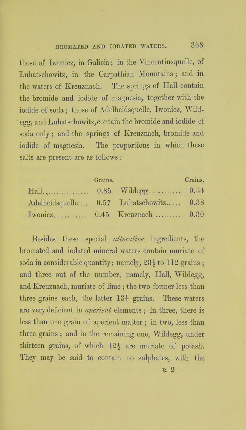 those of Iwonicz, in Galicia; in the Vincentiusquelle, of Luhatschowitz, in the Carpathian Mountains; and in the waters of Kreuznach. The springs of Hall contain the bromide and iodide of magnesia, together with the iodide of soda; those of Adelheidsquelle, Iwonicz, Wild- egg, and Luhatschowitz, contain the bromide and iodide of soda only; and the springs of Kreuznach, bromide and iodide of magnesia. The proportions in which these salts are present are as follows : Grains. Grains. Hall., 0.85 Wildegg 0.44 Adelheidsquelle... 0.57 Luhatschowitz 0.38 Iwonicz 0.45 Kreuznacli 0.30 Besides these special alterative ingredients, the bromated and iodated mineral waters contain muriate of soda in considerable quantity; namely, %2>\ to 112 grains; and three out of the immber, namely. Hall, Wildegg, and Kreuznach, muriate of lime; the two former less than three grains each, the latter 13j grains. These waters are very deficient in aperient elements; in three, there is less than one grain of aperient matter; in two, less than three grains ; and in the remaining one, Wildegg, under thirteen grains, of which \%\ are muriate of potash. They may be said to contain no sulphates, with the R 2