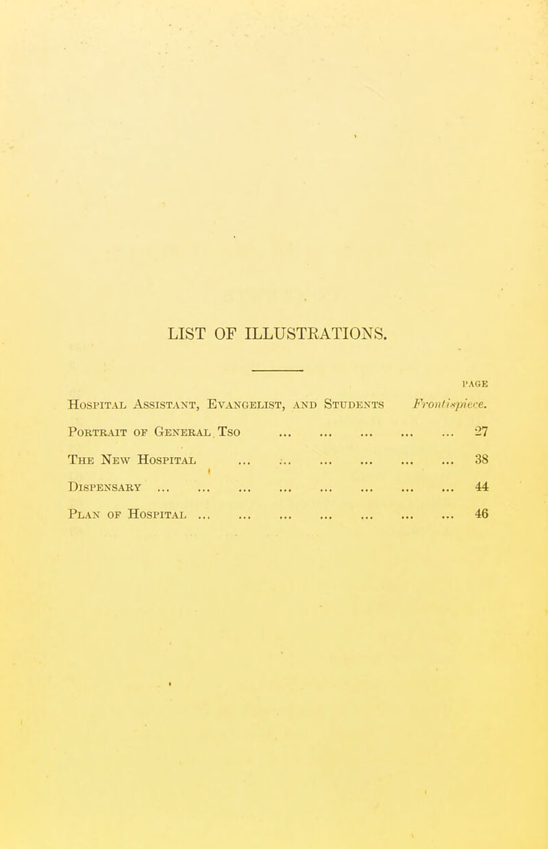 LIST OF ILLUSTRATIONS. I'AGE Hospital Assistant, Evangelist, and Students Frontixjyiece. Portrait of General. Tso 27 The New Hospital ... .■ 38 Dispensary 44 Plan of Hospital 46