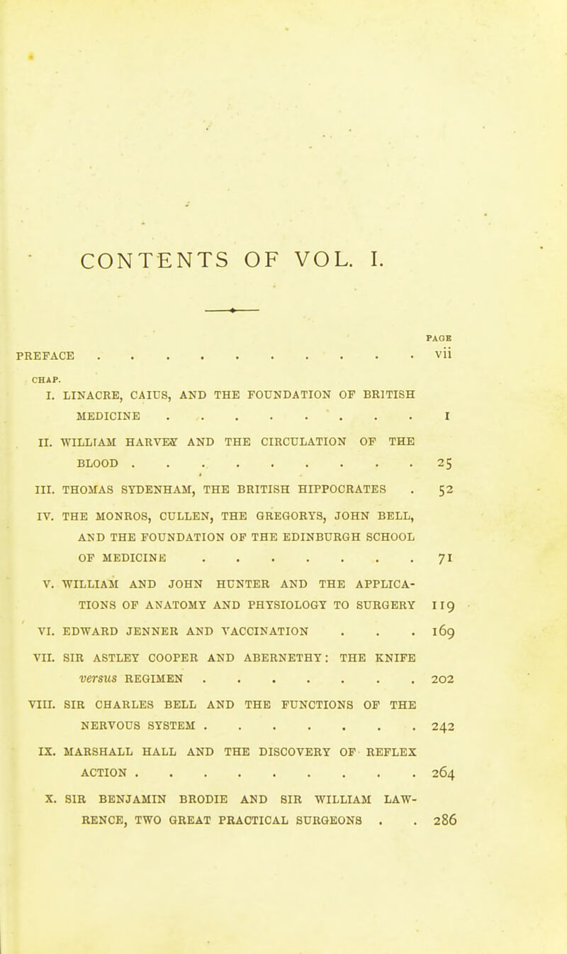 CONTENTS OF VOL. I. PAGE PREFACE vii CHAP. I. LINAGES, CAIUS, AND THE FOUNDATION OF BRITISH MEDICINE ■ . . . I II. WILLIAM HARVEff AND THE CIRCULATION OF THE BLOOD 25 III. THOMAS SYDENHAM, THE BRITISH HIPPOCRATES . 52 IV. THE MONROS, CULLEN, THE GREGORYS, JOHN BELL, AND THE FOUNDATION OP THE EDINBURGH SCHOOL OF MEDICINE 71 V. WILLIAM AND JOHN HUNTER AND THE APPLICA- TIONS OF ANATOMY AND PHYSIOLOGY TO SURGERY II9 VI. EDWARD JENNER AND VACCINATION . . . 169 VIL SIR ASTLEY COOPER AND ABERNETHY: THE KNIFE versus regimen 202 Tin. sir CHARLES BELL AND THE FUNCTIONS OP THE NERVOUS SYSTEM 242 IX. MARSHALL HALL AND THE DISCOVERY OP REFLEX ACTION 264 X. SIR BENJAMIN BRODIE AND SIR WILLIAM LAW- RENCE, TWO GREAT PRACTICAL SURGEONS . . 286