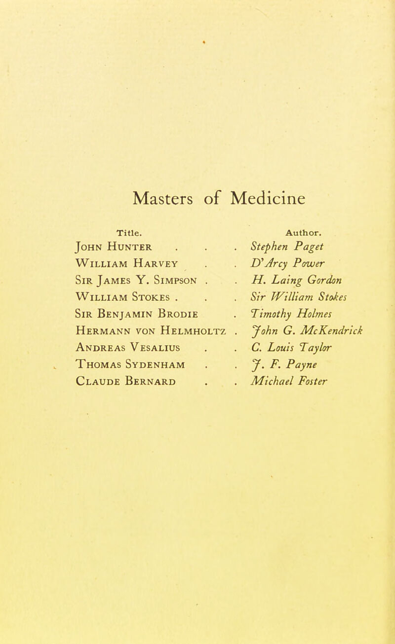 Title. John Hunter William Harvey Sir James Y. Simpson . William Stokes . Sir Benjamin Brodie Hermann von Helmholtz Andreas Vesalius Thomas Sydenham Claude Bernard Author. Stephen Paget U Arcy Power H. Laing Gordon Sir IVilliam Stokes Timothy Hohnes yohn G. AfcKendrick C. Louis Taylor J. F. Payne Michael Foster