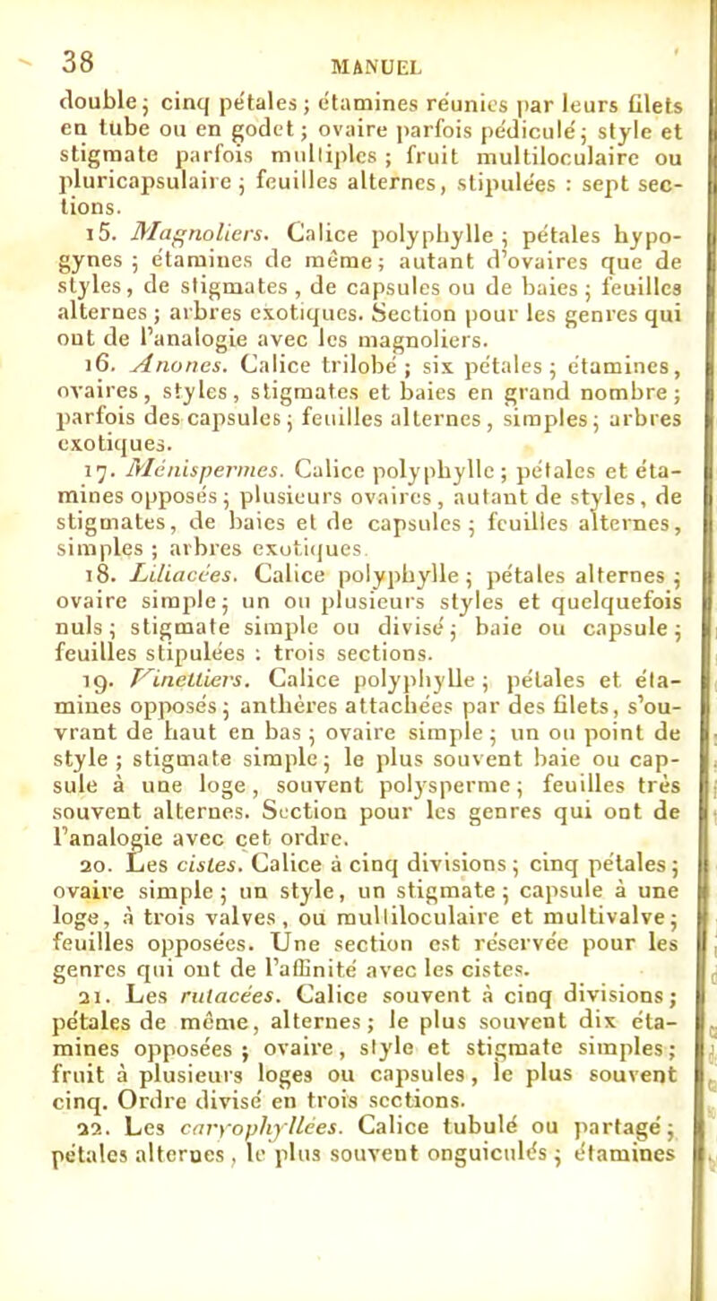 double ; cinq pétales ; étamines réunies par leurs filets en tube ou en godet; ovaire parfois pédicule'; style et stigmate parfois multiples ; fruit multiloculaire ou pluricapsulaire ; feuilles alternes, stipule'es : sept sec- tions. 15. Magnolias. Calice polyphylle ; pétales hypo- gynes ; étamiues de même; autant d'ovaires que de styles, de stigmates , de capsules ou de baies ; feuilles alternes ; arbres exotiques. Section pour les genres qui out de l'analogie avec les magnoliers. 16. Anones. Calice trilobé; six pétales; étamines, ovaires, styles, stigmates et baies en grand nombre; parfois des capsules ; feuilles alternes, simples; arbres exotiques. 17. Ménispermes. Calice polyphylle; pétales et éta- mines opposés ; plusieurs ovaires, autant de styles, de stigmates, de baies et de capsules; feuilles alternes, simples ; arbres exotiques. 18. Liliacées. Calice polyphylle ; pétales alternes ; ovaire simple; un ou plusieurs styles et quelquefois nuls; stigmate simple ou divisé; baie ou capsule; feuilles stipulées : trois sections. 19. T^inelliers. Calice polyphylle ; pétales et éta- mines opposés; anthères attachées par des filets, s'ou- vrant de haut en bas ; ovaire simple ; un ou point de style ; stigmate simple; le plus souvent baie ou cap- sule à une loge, souvent polysperme; feuilles très souvent alternes. Section pour les genres qui ont de l'analogie avec cet ordre. 20. Les cistes. Calice à cinq divisions ; cinq pétales ; ovaire simple; un style, un stigmate; capsule à une loge, à trois valves, ou raulliloculaire et multivalve; feuilles opposées. Une section est réservée pour les genres qui ont de l'affinité avec les cistes. ai. Les rulacées. Calice souvent à cinq divisions; pétales de même, alternes; le plus souvent dix éta- mines opposées; ovaire, style et stigmate simples; fruit à plusieurs loges ou capsules, le plus souvent cinq. Ordre divisé en trois sections. 32. Les caryophjliées. Calice tubulé ou partagé; pétales alterues . le plus souvent onguiculés ; étamines