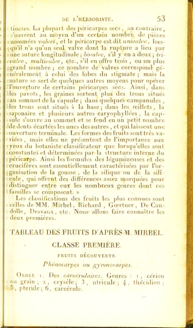 liai les. La plupart des péricarpes sec», au contraire, 'ouvrent au moyen d'un certain nombre de pièces , nommées valves, et le péricarpe est dit uniualve, lors- |qu'il n'a qu'un seul valve dont la rupture a lieu par une suture longitudinale ; bivalve, s'il y en a deux \ tri- yalve, mullivalve, etc., s'il en offre trois , ou un plus jgrand nombre ; ce nombre de valves correspond gé- néralement à celui des lobes du stigmate ; mais la nature se sert de quelques autres moyens pour opérer 1 l'ouverture de certains péricarpes secs. Ainsi, dans les pavots, les graines sortent plus des trous situés .iau sommet de la capsule; dans quelques campanules , Iles trous sont situés h la base; dans les œillets, la saponaire et plusieurs autres caryophyllées , la cap- sule s'ouvre au sommet et se fend en un petit nombre Ide dents écartées les unes des autres , et qui laissent uni: ouverture terminale. Les formes des fruits sont ti c'is va- riées, niais elles ne présentent de l'importance aux * yeux du botaniste classilicateur que lorsqu'elles sont . constantes et déterminées par la structure interne du péricarpe. Ainsi les formules des légumineuses et. des • crucifères sont essentiellement caractérisées par l'or- .ganisation de la gousse , de la silique ou de la s il î - ■ cule, qui offrent des différences assez marquées pour distinguer entre eux les nombreux genres dont ces familles se composent. » Les classifications des fruits les plus connues sont celles de MM. Mirbel, Richard, Goertner, De Can- ilolle, Desvaux, etc. Nous allons faire connaître les deux premières. TABLEAU DES FRUITS D'APRÈS M. MIRBEL CLASSE PREMIÈRE. FRUITS DECOUVERTS. Phéiiocarpes nu gymnocarpbs. Or.nnr. i, Des careèrulaires. Genres : i, cériou ou grain, a, crysèle ; 3, utricule ; t\ , thécidion ; 5, piéride; 6, carcérulc.