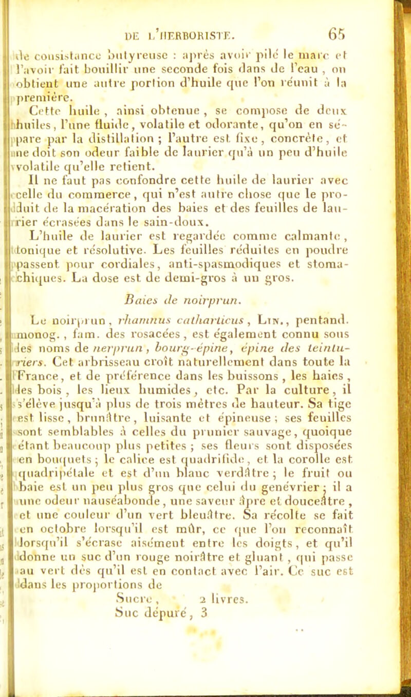 >lc consistance butyreuse : après avoir pîld le marc et | l'avoir fait bouillir une seconde fois ilans Je l'eau , on I obtient une autre portion d'huile que l'on réunit à la I première. Cette buile , ainsi obtenue , se compost: de deux I hhuiles, Tune fluide, volatile et odorante, qu'on en se- |l pare par la distillation ; l'autre est. fisc, concrète, et I une doit son odeur faible de laurier qu'à un peu d'huile vvolatile qu'elle retient. Il ne faut pas confondre cette buile de laurier avec Jl celle du commerce, qui n'est autre chose que le pro- I .iduit de la macération des baies et des feuilles de lau- !| lier écrasées dans le sain-doux. L'huile de laurier est regardée comme calmante , II tonique et résolutive. Les feuilles réduites en poudre Bipassent pour cordiales, anti-spasmodiques et stoma- j chiques. La dose est. de demi-gros à un gros. Baies de noirprun. Le noirprun, rhamnus catharticus, Lin., pentand. .monog. , fam. des rosacées, est également connu sous les noms de nerprun , bourg- épine, épine îles teintu- riers. Cet arbrisseau croît naturellement dans toute la 1 France, et de préférence dans les buissons , les haies , Iles bois, les lieux humides, etc. Par la culture, il • s'élève jusqu'à plus de trois mètres de hauteur. Sa tige est lisse, brunâtre, luisante et épineuse; ses feuilles sont semblables à celles du prunier sauvage, quoique étant beaucoup plus petites ; ses fleurs sont disposées en bouquets; le calice est quadrifide, et la corolle est. quadripétale et est d'un blauc verdiHre; le fruit ou l>baie est un peu plus gros que celui du genévrier: il a aine odeur nauséabonde , une saveur Épre et douceâtre , et une couleur d'un vert bleuâtre. Sa récolte se fait en octobre lorsqu'il est mûr, ce que l'on reconnaît lorsqu'il s'écrase aisément entre les doigts, et qu'il :donne un suc d'un rouge noir.ltre et gluant , qui passe au vert dès qu'il est en contact avec l'air. Ce suc est Idans les proportions de Sucre , a livres. Suc dépuré, 3