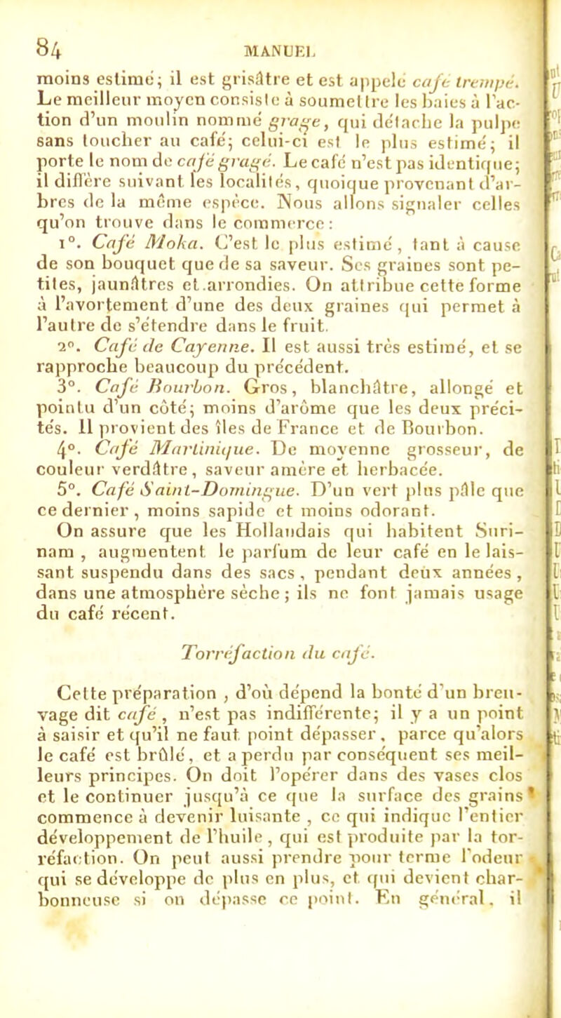 moins estime; il est grisâtre et est appelé café trempt . Le meilleur moyen consiste à soumettre les baies à l'ac- tion d'un moulin nomme gruge, qui détache la pulpe sans toucher au café; celui-ci est le plus estimé; il porte le nom de cafégragé. Le café n'est pas identique; il diffère suivant les localités, quoique provenant d'ar- bres de la même espèce. Nous allons signaler celles qu'on trouve dans le commerce: i°. Cafc Moka. C'est le plus estimé, tant à cause de son bouquet que de sa saveur. Ses graines sont pe- tites, jaunâtres et.arrondies. On attribue cette forme à l'avortement d'une des deux graines qui permet à l'autre de s'étendre dans le fruit. 2°. Cafc de Cayenne. Il est aussi très estimé, et se rapproche beaucoup du précédent. 3°. Cafc Bourbon. Gros, blanchâtre, allongé et pointu d'un côté; moins d'arôme que les deux préci- tés. 11 provient des îles de France et de Bourbon. 4°. Café Martinique. De moyenne grosseur, de couleur verdâtre, saveur arrière et herbacée. 5°. Café Saint-Domingue, D'un vert plus pâle que ce dernier, moins sapiile et moins odorant. On assure que les Hollandais qui habitent Suri- nam , augmentent le parfum de leur café en le lais- sant suspendu dans des sacs , pendant deux années , dans une atmosphère sèche ; ils ne font jamais usage du café récent. Torréfaction du café. Cette préparation , d'où dépend la bonté d'un breu- vage dit café , n'est pas indifférente; il y a un point à saisir et qu'il ne faut point dépasser, parce qu'alors le café est brûlé, et a perdu par conséquent ses meil- leurs principes. On doit l'opérer dans des vases clos et le continuer jusqu'à ce que la surface des grains' commence à devenir luisante , ce qui indique l'entier développement de l'huile, qui est produite par la tor- réfaction. On peut aussi prendre pour terme l'odeur ■- qui se développe de plus en plus, et. qui devient char- bonneuse si on dépasse ce point. Tîn général. il