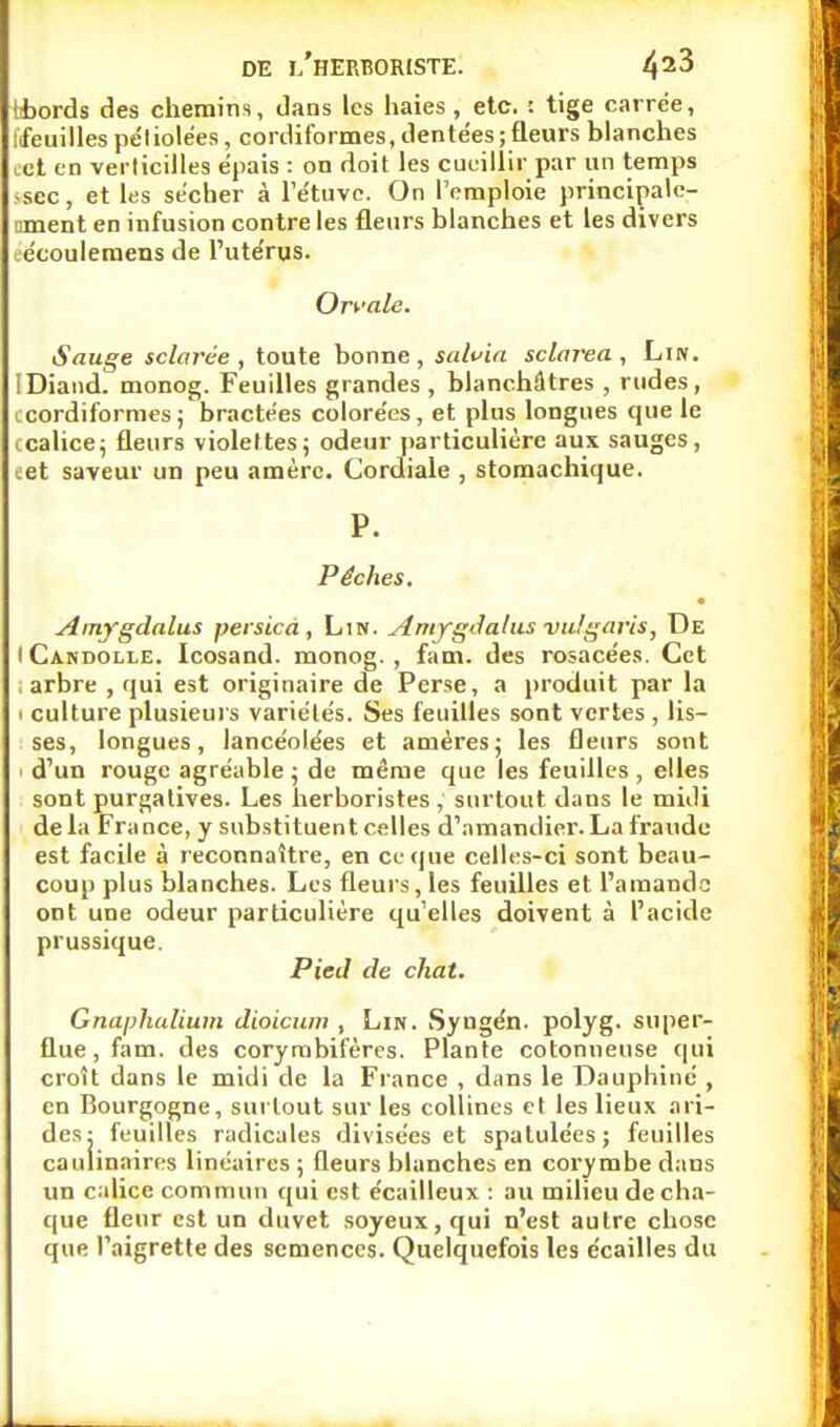 hbords des chemins, dans les haies, etc. : tige carrée, ïfeuillespe'liolées, cordiformes,dente'es;fleurs blanches cet en vei licilles épais : on doit les cueillir par un temps ssec, et les sécher à l'étuvc. On l'emploie principale- timent en infusion contre les fleurs blanches et les divers cécoulemens de l'utérus. Orvale. Sauge sclarée , toute bonne, salvia sclarea , Lin. IDiand. monog. Feuilles grandes , blanchâtres , rudes, ccordiformes; bractées colorées, et plus longues que le c calice; fleurs violettes; odeur particulière aux sauges, cet saveur un peu amèrc. Cordiale , stomachique. P. Pèches. Amygdalus persicà, Lin. Amygdalus vulgavis, De iCandolle. Icosand. monog., fam. des rosacées. Cet ; arbre , qui est originaire de Perse, a produit par la i culture plusieurs variétés. Ses feuilles sont vertes , lis- ses, longues, lancéolées et amères; les fleurs sont ■ d'un rouge agréable ; de même que les feuilles , elles sont purgatives. Les herboristes, surtout dans le midi de la France, y substituent celles d'amandier. La fraude est facile à reconnaître, en ce que celles-ci sont beau- coup plus blanches. Les fleurs, les feuilles et l'amande ont une odeur particulière qu'elles doivent à l'acide prussique. Pied de chat. Gnaphalium dioicum , Lin. Syngén. polyg. super- flue, fam. des coryrabifères. Plante cotonneuse qui croît dans le midi de la Fi ance , dans le Dauphiné , en Bourgogne, surtout sur les collines et les lieux ari- des: feuilles radicales divisées et spalulées; feuilles caulinaires linéaires ; fleurs blanches en corymbe dans un calice commun qui est écailleux : au milieu de cha- que fleur est un duvet soyeux, qui n'est autre chose que l'aigrette des semences. Quelquefois les écailles du