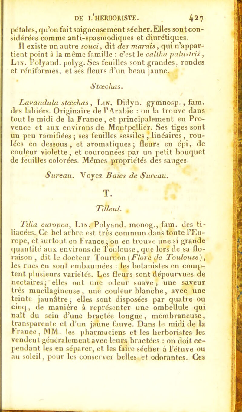 pétales, qu'on fait soigneusement sécher. Elles sont con- sidérées comme anti-spasmodiques et diurétiques. Il existe un autre souci, dit des marais, qui n'appar- tient point à la même famille : c'est le calilia palustris , Lin. Polyand. polyg. Ses feuilles sont grandes, rondes et réniformes, et ses fleurs d'un beau jaune. Slœchas. Lavandula slœchas , Lin. Didyn. gymnosp. , fam. des labiées. Originaire de l'Arabie : on la trouve dans tout le midi de la France, et principalement en Pro- vence et aux environs de Montpellier. Ses tiges sont un peu ramifiées; ses feuilles sessiles , linéaires, rou- lées en dessous, et aromatiques; fleurs en épi, de couleur violette , et couronnées par un petit bouquet de feuilles colorées. Mêmes propriétés des sauges. Siu-eau. Voyez Baies de Sureau. T. Tilleul. Tilia europea, Lin. Polyand. monog., fam. des ti- liacées. Ce bel arbre est très commun dans toute l'Eu- rope, et surtout en France ; on en trouve une si grande quantité aux environs de ïoulouse, que loi?f de sa flo- raison, dit le docteur Touriion(/7foiei/e Toulouse), les rues en sont embaumées : les botanistes en comp- tent plusieurs variétés. Les fleurs sont dépourvues de nectaires; elles ont une odeur suave, une saveur très mucilagineuse , une couleur blanche, avec une teinte jaunâtre; elles sont disposées par quatre ou cinq, de manière à représenter une ombellule qui naît du sein d'une bractée longue, membraneuse, transparente et d'un jaune fauve. Dans le midi de la France, MM. les pliarmaciens et les herboiistes les vendeut généralement avec leurs bractées : on doit ce- pendant les en séparer, cl les faire sécher à l'étuve ou au soleil, pour les conserver belles et odorantes. Ces