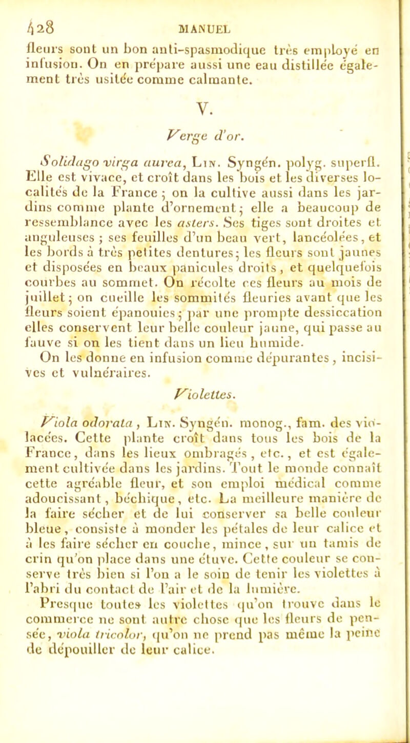 fleurs sont un bon auti-spasmodique très employé en infusion. On en prépare aussi une eau distillée égale- ment très usitée comme calmante. V. Verge, d'or. Solidago virga aurea, Lin. Syngén. polyg. superfl. Elle est vivace, et croît dans les bois et les diverses lo- calités de la France ; on la cultive aussi dans les jar- dins comme plante d'ornement; elle a beaucoup de ressemblance avec les asters. Ses tiges sont droites et. anguleuses ; ses feuilles d'un beau vert, lancéolées, et les bords à très petites dentures; les fleurs sont jaunes et disposées en beaux panicules droits , et quelquefois courbes au sommet. On récolte ces fleurs au mois de juillet; on cueille les sommités fleuries avant que les fleurs soient épanouies; par une prompte dessiccation elles conservent leur belle couleur jaune, qui passe au fauve si on les tient dans un lieu bumide. On les donne en infusion comme dépurantes , incisi- ves et vulnéraires. Violettes. Viola odorata , Lin. Syngén. monog., fam. des vio- lacées. Cette plante croît dans tous les bois de la France, dans les lieux ombragés, etc., et est égale- ment cultivée dans les jardins. Tout le monde connaît cette agréable fleur, et son emploi médical comme adoucissant, béchique, etc. La meilleure manière de la faire sécber et de lui conserver sa belle couleur bleue, consiste à monder les pétales de leur calice et à les faire sécber en couebe, mince, sur un tamis de crin qu'on place dans une étuve. Cette couleur se con- serve très bien si l'on a le soin de tenir les violettes à l'abri du contact de l'air et de la lumière. Presque toutes- les violettes qu'on trouve dans le commerce ne sont autre ebose que les fleurs de pen- sée, -viola tricnlor, qu'on ne prend pas même la peine de dépouiller de leur calice.