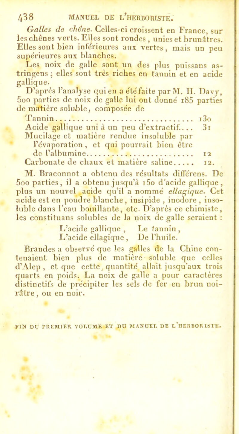 /,38 MANUEL DE l'heUBORISTE. Galles de chêne. Celles-ci croissent en France, sur les chênes verts. Elles sont rondes , unies et brunîltres. Elles sont bien inférieures aux vertes, mais un peu supérieures aux blanches. Les noix de galle sont un des plus puissans as- tringens ; elles sont très riches en tannin et en acide gallique. D' après l'analyse qui en a e'te'faite par M. H. Davy, 5oo parties de noix de galle lui ont donné i85 parties de matière soluhle, compose'e de Tannin i3o Acide gallique uni à un peu d'extractif.. . . 3i Mucilage et matière rendue insoluble par l'évaporatinn , et qui pourrait bien être de l'albumine 12 Carbonate de chaux et matière saline 12. M. Braconnot a obtenu des re'sultats diflerens. De 5oo parties, il a obtenu jusqu'à i5o d'acide gallique, plus un nouvel acide qu'il a nommé diadique. Cet acide est en poudre blanche, insipide , inodore , inso- luble dans l'eau bouillante, etc. D'après ce chimiste, les constituans solubles de la noix de galle seraient : L'acide gallique , Le tannin , L'acide ellagiquc , De l'huile. Rrandes a observé que les galles de la Chine con- tenaient bien plus de matière soluble que celles d'Alep , et que cette, quantité allait jusqu'aux trois quarts en poids. La noix de galle a pour caractères distinctifs de précipiter les sels de fer en brun noi- râtre , ou en noir. FIN DU PREMIER VOLUME ET DU M ANUEL DE l'heRBOR I5TE.
