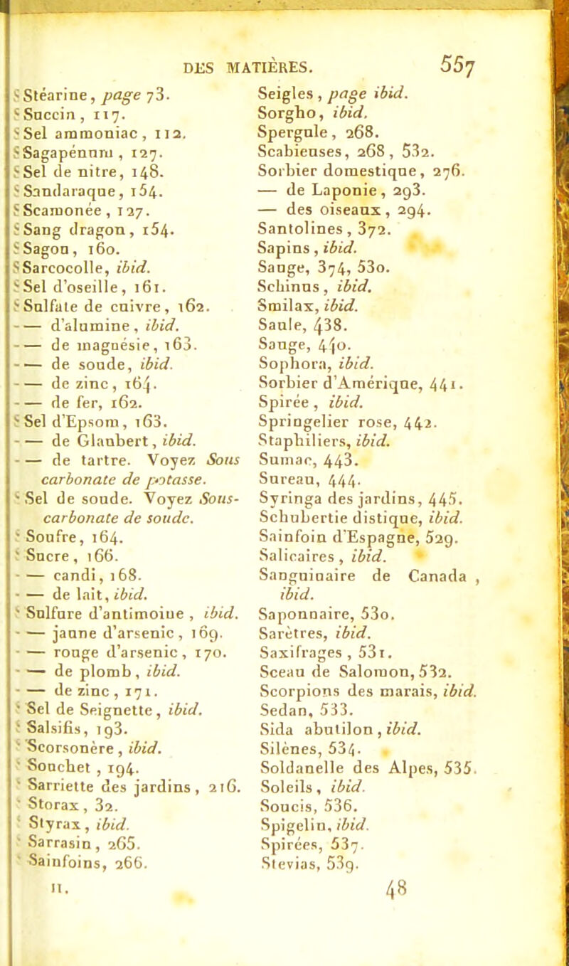 DES M. S Stéarine, page 78. 'Soccin , 117. ^Sel ammoniac, 112. SSagapénnm , 127. ^Sel de nitre, 148. ï Sandaïaque, l54. SScamonée , 137. S Sang dragon, i54- JSagon, t6o. SSarcocoUe, ibid. ?Sel d'oseille , 161. î-Snlfale de cuivre, 162. d'alamine, ibid. de magoésie, i63. de soude, ibid. de zinc , . de fer, 162. J Sel d'Epsom, i63. de Glaubert, ibid. de tartre. Voyez Sous carbonate de pjtasse. ^ Sel de soude. Voyez Sous- carbonate de soude. • Soufre, 164. ; Sucre, 166. • — candi, 16S. • — de lait, ibid. ' Sulfure d'antimoiue , ibid. - — jaune d'arsenic, tdç). ■ — rouge d'arsenic, 170. - — de plomb, ibid. - — de zinc ,171. ïSel de Seignette, ibid. i Sal.sifis, igS. ^ Scorsonère, ibid. ' Sonchel , 194. ' Sarriette des jardins, 216. ■ Storax, 32. ■ Styrax, ibid. ' Sarrasin, 265. ■ Sainfoins, 266. II. riÈRES. 557 Seigles, page ibid. Sorgho, ibid. Spergnle, 268. Scabieases, 2G8, 532. Sorbier domestique, 276. — de Laponie, 293. — des oiseaux, 294. Santolines, 372. Sapins, ibid. Sange, 374, 53o. Scliinus, ibid. Smilax, ibid. Saule, 438. Sauge, 4'jo. Sophora, ibid. Sorbier d'Amérique, 44'- Spirée , ibid. Springelier rose, 442. Stapbiliers, ibid. Sumac, 443. Sureau, 444. Syringa des jardins, 44.Î' Schubertie distique, ibid. Sainfoin d'Espagne, Sag. Salicaires, ibid. Sanguinaire de Canada , ibid. Saponnaire, 53o. Sarètres, ibid. Saxifrages , 53i. Sceau de Salomon, 532. Scorpions des marais, ibid. Sedan, 533. Sida ahaù\on, ibid. Silènes, 534- Soldanelle des Alpes, 535. Soleils, ibid. Soucis, 536. Spigelin, ibid. Spirces, 537. Slevias, 53t). 48