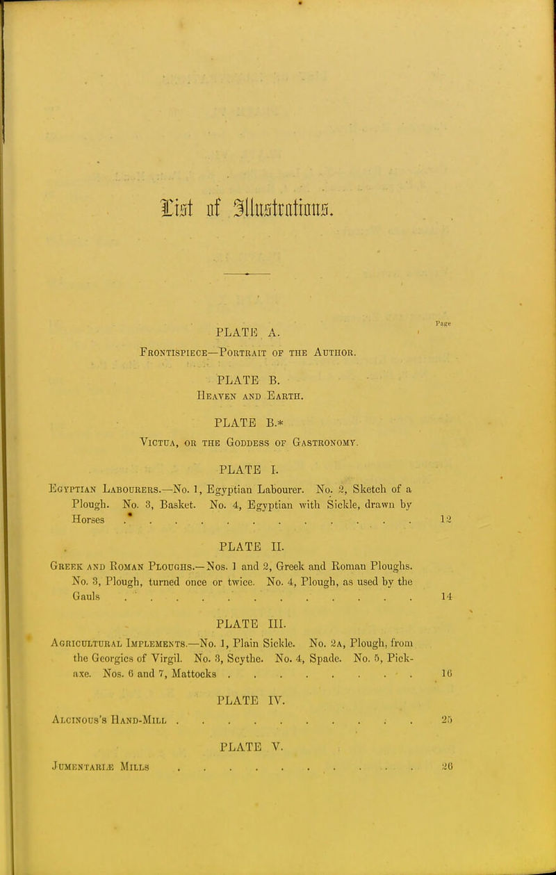 fM nf 31lu0tratinti0. Page PLATE A. Frontispiece—Portrait op the Author. PLATE B. Heaven and Earth. PLATE B.* VlCTUA, OR THE GODDESS OF GASTRONOMY. PLATE I. Egyptian Labourers.—No. 1, Egyptian Labourer. No. 2, Sketch of a Plough. No. 3, Basket. No. 4, Egyptian with Sickle, drawn by Horses  . . . 12 PLATE II. Greek and Koman Ploughs.—Nos. 1 and 2, Greek and Roman Ploughs. No. 3, Plougb, turned once or twice. No. 4, Plough, as used by the Gauls 14 PLATE III. Agricultural Implements.—No. 1, Plain Sickle. No. 2a, Plough, from the Georgics of Virgil. No. 3, Scythe. No. 4, Spade. No. 5, Pick- axe. Nos. 0 and 7, Mattocks • . 10 PLATE IV. Alcinous's Hand-Mill ; 25 PLATE V. JUMENTARI.E MlLLS . 21)