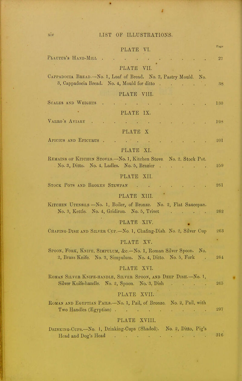 PLATE VI. Plautcts's Hand-Mill 27 PLATE VII. Cappadocia Bread.—No. 1, Loaf of Bread. No. 2, Pastry Mould. No. 3, Cappadocia Bread. No. 4, Mould for ditto . . . . 38 PLATE VIII. Scales and Weights 130 PLATE IX. Varro's Aviary 198 PLATE X Apicius and Epicurus 201 PLATE XL Remains of Kitchen Stoves.—No. 1, Kitchen Stove. No. 2, Stock Pot. No. 3, Ditto. No. 4, Ladles. No. 5, Brazier 250 PLATE XII. Stock Pots and Broken Stewpan 201 PLATE XIII. Kitchen Utensils—No. 1, Boiler, of Bronze. No. 2, Flat Saucepan. No. 3, Kettle. No. 4, Gridiron. No. 5, Trivet .... 262 PLATE XIV. Chafing-Dish and Silver Cup.—No. 1, Chafing-Dish. No. 2, Silver Cup 263 PLATE XV. Spoon, Fork, Knife, Simpulum, &c—No. 1, Roman Silver Spoon. No. 2, Brass Knife. No. 3, Simpulum. No. 4, Ditto. No. 5, Fork . 264 PLATE XVI. Roman Silver Knife-handle, Silver Spoon, and Deef Dish.—No. 1, Silver Knife-handle. No. 2, Spoon. No. 3, Dish .... 365 PLATE XVII.  Roman and Egyptian Pails.—No. 1, Pail, of Bronze. No. 2, Pail, with Two Handles (Egyptian) 207 PLATE XVIII. Diunking-Cups.—No. 1, Drinking-Cups (Shaded). No. 2, Ditto, Pig's Head and Dog's Head 31G