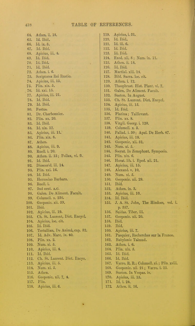 64. Athen. ii. 18. 65. Id. Ibid. 66. Id. ix. 3. 67. Id. Ibid. 68. Apicius, iii. 4. 69. Id. Ibid. 70. Id. Ibid. 71. Id. Ibid. 72. Athen. i. 6. 73. Scriptores Eei Rustic. 74. Apicius, iii. 13. 75. Plin. xix. 5. 76. Id. xxi. 15. 77. Apicius, iii. 21. 78. Id. Ibid. 79. Id. Ibid. 80. Festus. 81. Dr. Charbonnier. 82. Plin. xx. 20. 83. Id. Ibid. 84. Id. xix. 12. 85. Apicius, iii. 11.' 86. Plin. xix. 8. 87. Athen. 88. Apicius, iii. 9. 89. Euell. i. 20. 90. Athen. ii. 13; Pollux, vi. 9. 91. Id. Ibid. 92. Dioscorid. iii. 14. 93. Plin. xxi. 16. 94. Id. Ibid. 95. Hermolao Barbara. 96. Euell. i. 97. 2nd cent. A.C. 98. Galen. De Aliment. Facult. 99. Columell. x. 236. 100. Geoponic. xii. 39. 101. Ibid. 102. Apicius, iii. 19. 103. Ch. St. Laurent, Diet. Encycl. 104. Apicius, loc. cit. 105. Id. Ibid. 106. Tertullian, De Anima, cap. 32. 107. Id. Adv. Marc. iv. 40. 108. Plin. xx. 2. 109. Num. xi. 5. 110. Apicius, iii. 4. 111. Id. Ibid. 112. Ch. St. Laurent. Diet. Encyo. 113. Apicius, iii. 5. 114. Num. xi. 5. 115. Athen. 116. Geoponic. xii. 7, 4. 117. Plin. 119. Apicius, i. 31. 120. Id. Ibid. 121. Id. iii. 6. 122. Id. Ibid. 123. Id. Ibid. 124. Exod. xii. 8 ; Num. ix. 11. 125. Athen. ii. 18. 126. Id. Ibid. 127. Martial, xiii. 14. 128. Bibl. Sacra, loc. cit. 129. Athen. i. 12. 130. Theophrast. Hist. Plant, vi. 7. 131. Galen. De Aliment. Facult. 132. Sueton. In August. 133. Ch. St. Laurent. Diet. Encycl. 134. Apicius, iii. 15. 135. Id. Ibid. 136. Platina; Taillevant. 137. Plin. xx. 8. 138. Virgil. Georg. i. 120. 139. Columell. x. 3. 140. Pallad. i. 30; Apul. De Herb. 47. 141. Apicius, iii. 18. 142. Geoponic. xii. 31. 143. Num. xi. 5. 144. Socrat. In Zenophont. Symposio. 145. Plin. xix. 6. 146. Horat. lib. i. Epod. xii. 21. 147. Apicius, iii. 15. 148. Alexand.v. 10. 149. Num. xi. 5. 150. Geoponic. xii. 29. 151. Ibid. 152. Athen. ix. 3. 153. Apicius, iii. 10. 154. Id. Ibid. 155. J. A. St. John, The Hindoos, vol. i. p. 357. 156. Suidas. Tiber, iii. 157. Geoponic. xii. 20. 158. Ibid. 159. Ibid. 160. Apicius, iii. 7. 161. Pasquier, Eecherches sur la France. 162. Babylonic Talmud. 163. Athen. i. 6. 164. Plin. xix. 5. 165. Id. Ibid. 166. Id. Ibid. 167. Varro. E. E.; Columell. xi.; Plin. xviii. 168. Geoponic. xii. 21; Varro. i. 11. 169. Sueton. In Vespas. iv. 170. Apicius, iii. 13. 171. Id. i. 24.