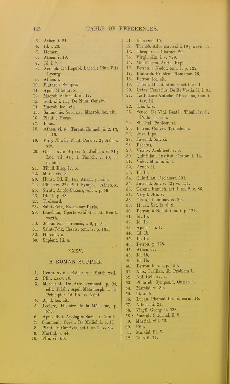 3. Athen. i. 21. 4. Id. i. 23. 5. Homer. 6. Athen. i. 19. 7. Id. i. 7. 8. Xenoph. De Kepubl. Laced.; Plut. Vita Lycurg. 9. Athen. i. 10. Plutarch. Sympos. 11. Apul. Milesiur. x. 12. Macrob. SatnrnaL iii. 17. 13. Gell. xiii. 11; De Num. Conviv. 14. Macrob. loc. cit. 15. Sammonic. Severus ; Macrob. loc. cit. 1C. Plaut.; Horat. 17. Plaut. 18. Athen. vi. 5 ; Terent. Eunuch, ii. 2, 13, et 16. 19. Virg. Mn. i.; Plaut. Pers. v. 2 ; Athen. xiv. 20. Genes, xviii. 4 ; xix. 2 ; Judic. xix. 21 ; Luc. vii. 44 ; 1 Timoth. v. 10, et passim. 21. Tibull. Eleg. iv. 6. 22. Marc. xiv. 3. 23. Horat. Od. iii. 14; Anacr. passim. 24. Plin. xiv. 22; Plut. Sympos.; Athen. x. 25. Strutt, Anglo-Saxons, vol. i. p. 49. 26. Id. Ib. p. 48. 27. Froissard. 28. Saint-Eoix, Essais sur Paris. 29. Laneham, Sports exhibited at Kenil- worth. 30. Johan. Sarisburiensis, i. 8, p. 34. 31. Saint-Eoix, Essais, torn. iv. p. 135. 32. Herodot. ii. 33. Sapient, iii. 4. XXXV. A ROMAN SUPPER. 1. Genes, xviii.; Esther, v.; Matth. xxii. 2. Plin. xxxv. 10. 3. Mercurial. De Arte Gymnast, p. 94, edit. Frisii; Apul. Metamorph. v. In Principio; Id. lib. iv. Asini. 4. Apul. loc. cit. 5. Leclerc, Histoire de la Medecine, p. 573. 6. Apul. lib. i. Apologise Suae, ex Catull. 7. Sammonic. Seren. De Medicina, c. 15. 8. Plaut. In Captivis, act i. sc. 2, v. 84. 9. Martial, v. 44. 10. Plin. vii. 60. 11. Id. xxxvi. 10. 12. Turneb. Adversar. xxiii. 19 ; xxvii. 18. 13. Theophrast. Charact. 20. 14. Virgil. Ma. i. v. 729. 15. Montfaucon. Antiq. ExpL 16. Petron. a Nodot. torn. i. p. 122. 17. Plutarch. Problem. Romanor. 76. 18. Petron. loc. cit. 19. Terent. Heautontimor. act i. sc. 1. 20. Octav. Ferrarius, De Re Vestiaria, i. 31. 21. Le Pitture Antiche d'Ercolano, torn. i. tav. 14. 22. Dio. lxix. 23. Senec. De Vita Beata ; Tibull. iv. 6 ; Psalm, passim. 24. Sil. Ital. Punicor. vi. 25. Petron. Conviv. Trimalcion. 26. Just. Lips. 27. Juvenal. Sat. xi. 28. Pacatus. 29. Vitruv. Architect, v. 8. 30. Quintilian. Institut. Orator, i. 14. 31. Valer. Maxim, ii. 1. 32. Arnob. ii. 33. Id. Ib. 34. Quintilian. Declamat. 301. 35. Juvenal. Sat. v. 32; vi. 154. 36. Terent. Eunuch, act. i. sc. 2, v. 85. 37. Virgil. Mn. v. 38. Cic. ad Familiar, ix. 20. 39. Horat. Sat. ix. 8, 9. 40. Petron. a Nodot. torn. i. p. 124. 41. Id. Ib. 42. Id. Ib. 43. Apicius, ii. 1. 44. Id. Ib. 45. Id. Ib. 4G. Petron. p. 128. 47. Athen. iv. 48. Id. Ib. 49. Id. Ib. 50. Petron. torn. i. p. 130. 51. Alex. Trallian. lib. Problem 1, 52. Aul. Gell. xv, 2. 53. Plutarch. Sympos. i. Quoest. 4. 54. Martial, vi. 89. 55. Id. iii. 8. 56. Lucan. Pharsal. lib. iii. carm. 14. 57. Athen. iii. 21. 58. Virgil. Georg. ii. 528. 58 A Macrob. Satumal. ii. 9. 59. Martial, xiii. 52. 60. Plin. 61. Martial, iii. 5. 62. Id. xiii. 71.