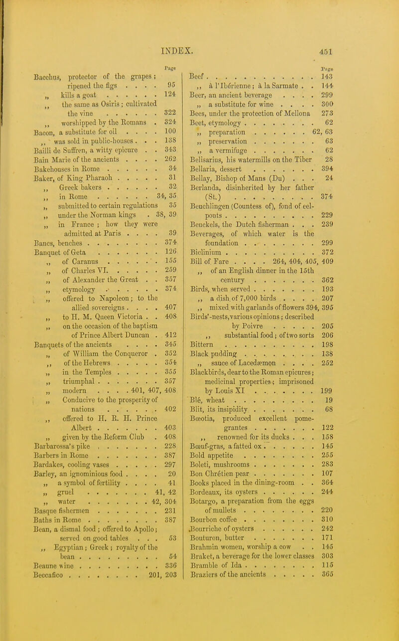 Page Bacchus, protector of the grnpes; ripened the figs .... 95 „ kills a goat 124 „ the same as Osiris ; cultivated the vine 322 worshipped hy the Romans . 324 Bacon, a substitute for oil .... 100 ,, was sold in public-houses. • . 138 Bailli de Suffren, a witty epicure . . 343 Bain Marie of the ancients .... 2(52 Bakehouses in Rome 34 Baker, of King Pharaoh 31 ,, Greek bakers 32 ,, in Rome 34, 35 „ submitted to certain regulations 35 „ under the Norman kings . 38, 39 „ in France ; how they were admitted at Paris .... 39 Bancs, benches 374 Banquet of Geta 126 „ of Caranus ' . 155 „ of Charles VI 259 „ of Alexander the Great . . 357 „ etymology .• 374 „ offered to Napoleon; to the allied sovereigns .... 407 „ to H. M. Queen Victoria . . 408 „ on the occasion of the baptism of Prince Albert Duncan . 412 Banquets of the ancients .... 345 „ of William the Conqueror . 352 ,, of the Hebrews 354 „ in the Temples 355 ,, triumphal 357 modern . . . .401, 407, 408 „ Conducive to the prosperity of nations 402 ,, offered to H. R. PI. Prince Albert 403 „ given by the Reform Club . 408 Barbarossa's pike 228 Barbers in Rome 387 Bardakes, cooling vases 297 Barley, an ignominious food .... 20 „ a symbol of fertility .... 41 „ gruel 41, 42 „ water 42, 304 Basque fishermen 231 Baths in Rome 387 Bean, a dismal food ; offered to Apollo; served on good tables ... 53 ,, Egyptian ; Greek ; royalty of the bean 54 Beaune wine 336 Beccafico 201, 203 1'nge Beef 143 ,, it l'lbdrienne; tllaSarmate . . 144 Beer, an ancient beverage .... 299 „ a substitute for wine .... 300 Bees, under the protection of Mellona 273 Beet, etymology 62 ,, preparation 62, G3 ,, preservation 63 ,, a vermifuge C2 Belisarius, his watermills on the Tiber 28 Bellaria, dessert 394 Bellay, Bishop of Mans (Du) ... 24 Berlanda, disinherited by her father (St.) 374 Beuchlingen (Countess of), fond of eel- pouts 229 Beuckels, the Dutch fisherman . . . 239 Beverages, of which water is the foundation 299 Biclinium 372 Bill of Fare .... 264,404,405,409 ,, of an English dinner in the 15th century 362 Birds, when served 193 ,, a dish of 7,000 birds .... 207 ,, mixed with garlands of flowers 394, 395 Birds'-nests,various opinions; described by Poivre 205 ,, substantial food; of two sorts 206 Bittern 198 Black pudding 138 „ sauce of Lacedsemon .... 252 Blackbirds, dear to the Roman epicures; medicinal properties.; imprisoned by Louis XI 199 Ble, wheat 19 Blit, its insipidity 68 Boeotia, produced excellent pome- grantes 122 ,, renowned for its ducks . . . 158 Bceuf-gras, a fatted ox 145 Bold appetite 255 Boleti, mushrooms 283 Bon Chretien pear 107 Books placed in the dining-room . . 364 Bordeaux, its oysters 244 Botargo, a preparation from the eggs of mullets 220 Bourbon coffee 310 .Bourriche of oysters 242 Bouturon, butter 171 Brahmin women, worship a cow . . 145 Braket, a beverage for the lower classes 303 Bramble of Ida 115 Braziers of the ancients 365