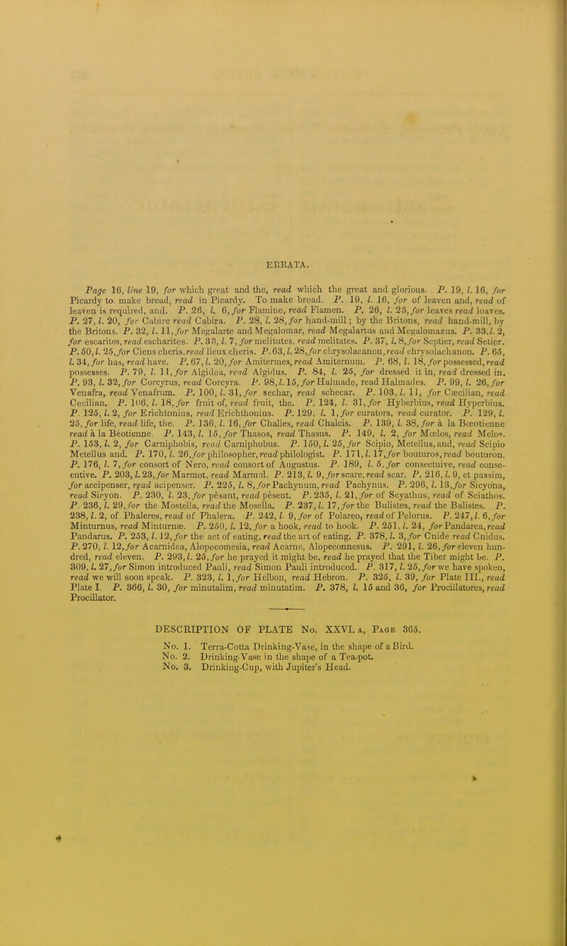 EKE ATA. Page 16, line 19, for which great and the, read which the great and glorious. P. 19, /. 16, for Picardy to make oread, read in Picardy. To make bread. P. 19, Z. 16, for of leaven and, read of leaven is required, and. P. 26, Z. 6, for Flamine, read Flamen. P. 26, Z. 25, for leaves read loaves. P. 27, Z. 20, for Cabire read Cabira. P. 28, Z. 28, for hand-mill; by the Britons, read hand-mill, by the Britons. P. 32, I. 11, for Megalarte and Megalomar, read Megalarlus and Mcgalomazus. P. 33.Z. 2, for escarites, read escharites. P. 33,Z. 7, for melinites, read melitates. P. 37, Z.8,/or Septier, read Selier. P. 50,Z. 25, for Ciens cheris,read lieux cheris. P. 63,Z.28,/or cbrysolacanon.read chrvsolachanon. P. 65, Z. 34, for has, read have. P. 67, J. 20, /or Amilermes, read Amiternum. P. 68, I. 18, /or possessed, read possesses. P. 79, Z. 11, for Algidea, re'id Algidus. P. 84, I. 25, /or dressed it in, rea*Z dressed in. P. 93, Z. 32, for Corcyrus, read Corcyra. P. 98,Z.15, /or Halmade, read Halrnades. P. 99, Z. 26, for Venafra, read Venafrum. P. 100, Z. 31,/or sechar, read schecar. P. 103. Z. 11, for Ciecilian, read Cecilian. P. 106, Z. 18, for fruit of, read fruit, the. P. 124, I. SI, for Hyberbius, read Hyperbius. P. 125,Z. 2, /or Erichtonius, read Erichthonius. P. 129, Z. 1, for curators, read curator. P. 129,/. 25, for life, read life, the. P. ] 36, Z. 16, /or Chalies, read Chaleis. P. 139, Z. 38, for a la Boeotienne read a la Beotienne P. 143, Z. 15,/or Thasos, read Thasus. P. 149, Z. 2, for Moelos, read Melo«. P. 153, Z. 2, /or Carniphobis, read Carniphobus. P. 150, Z. 25, for Scipio, Metellus,and, read Scioio Metellus and. P. 170, Z. 26,/or philosopher, read philologist. P. 171, Z. 17,/or bouturos, read bouturon. P. 176, Z. 7, /or consort of Nero, read consort of Augustus. P. 189, Z. 5, for conseetuive, read conse- cutive. P. 203, LIS, for Marmot, read Marmol. P. 213,Z. 9,/orscare,read scar. P. 216, Z. 9, et passim, /or accipenser, read acipenser. P. 225, Z. 8, for Pachynum, read Pachynus. P. 296, Z. 13,/or Sicyoha, read Siryon. P. 230, Z. 23, for pesant, read pesent. P. 235, Z. 21, for of Scyathus, read of Sciathos. P. 236, Z. 29, for the Mostella, read the Mosella. P. 237, Z. 17,/or the Bulistes, read the Balistes. P. 238, Z. 2, of Phaleres, read of Phalera. P. 242, Z. 9, for of Polareo, read of Pelorus. P. 247, Z. 6, for Minturnus, read Minturnas. P. 250, Z. 12, for a hook, read to hook. P. 251. Z. 24, for Pandarea, read Pandarus. P. 253, Z. J 2, /or the act of eating, read the art of eating. P. 378, Z. 3,/or Cnide read Cnidus. P. 270, Z. 12,/or Acarnidea, Alopeeomesia, read Acarne, Alopeconnesus. P. 291, Z. 26,/or eleven hun- dred, read eleven. P. 293, Z. 25, for he prayed it might be, read he prayed that the Tiber might be. P. 309, Z. 27,/or Simon introduced Pauli, read Simon Pauli introduced. P. 317, Z. 25,/orwe have spoken, read we will soon speak. P. 323, Z. 1,/or Helbon, read Hebron. P. 325, Z. 39, /or Plate III., read Plate I. P. 366, Z. 30, /or minutalim, read minutatim. P. 378, Z. 15 and 36, for Procillatores, read Procillator. DESCRIPTION OF PLATE No. XXVI. a, Page 365. No. 1. Terra-Cotla Drinking-Vase, in the shape of a Bird. No. 2. Drinking-Vase in the shape of a Tea-pot. No. 3. Drinking-Cup, with Jupiter's Head. *