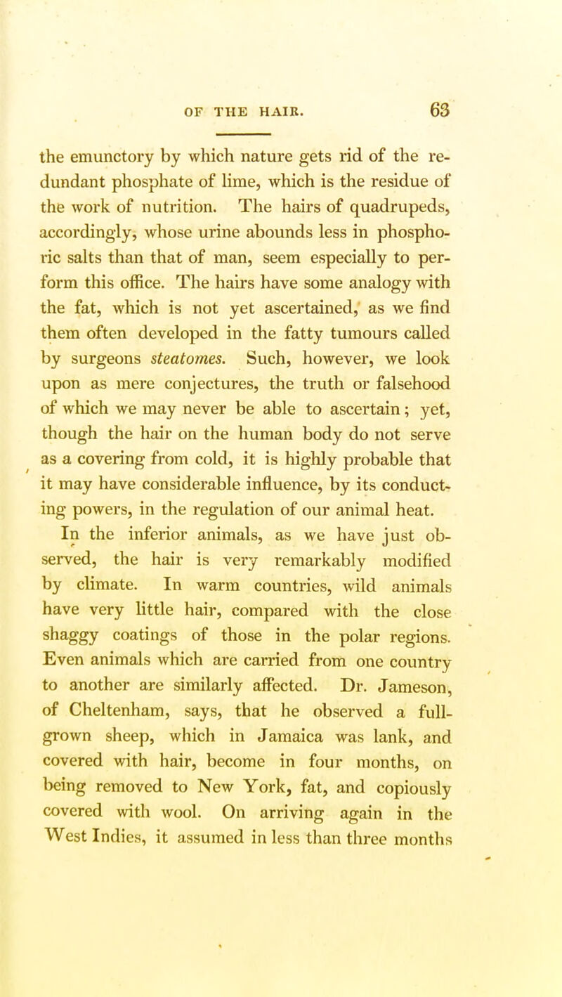 the emunctory by which nature gets rid of the re- dundant phosphate of lime, which is the residue of the work of nutrition. The hairs of quadrupeds, accordingly, whose urine abounds less in phospho- ric salts than that of man, seem especially to per- form this office. The hairs have some analogy with the fat, which is not yet ascertained, as we find them often developed in the fatty tumours called by surgeons steatomes. Such, however, we look upon as mere conjectures, the truth or falsehood of which we may never be able to ascertain; yet, though the hair on the human body do not serve as a covering from cold, it is highly probable that it may have considerable influence, by its conduct- ing powers, in the regulation of our animal heat. In the inferior animals, as we have just ob- served, the hair is very remarkably modified by climate. In warm countries, wild animals have very little hair, compared with the close shaggy coatings of those in the polar regions. Even animals which are carried from one country to another are similarly affected. Dr. Jameson, of Cheltenham, says, that he observed a full- grown sheep, which in Jamaica was lank, and covered with hair, become in four months, on being removed to New York, fat, and copiously covered with wool. On arriving again in the West Indies, it assumed in less than three months