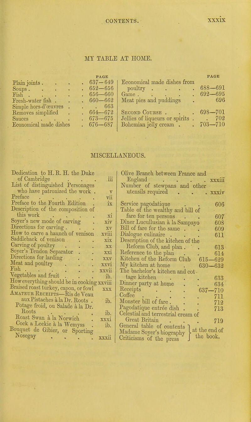 MY TAELE AT HOME. PAGE Plain joints. . . . 637-649 Soups 653-656 Ksh 656—660 Fi-esh-water fish . . . 660—662 Simple liors-d'oeuYi'es . . . 663 Removes simplified . . 664—672 Sauces . . _ . . 673—675 Economical made dishes . 676—687 PAGE Economical made dislies from poultry .... 688—691 Game . . . . . 692—695 Meat pies and puddings . 696 Second Couksb . . . 698—701 Jellies of liqueurs or spirits . . 702 Boliemian jelly cream . . 703—710 MISCELLANEOUS. Dedication to H. R. H. the Duke of Cambridge List of distinguished Personages who liave patronized the work , Preface .... Preface to the Fourth Edition . Description of the composition of this work Soyer's new mode of candng Directions for qarving. How to carve a haunch of venison Saddleback of venison Carving of poultry Soyer's Tendon Separator . Directions for larding Meat and poultry Ksh Vegetables and fruit . How everything should be in cooking Braised roast turkey, capon, or fowl Amateur Receipts—Ris deVeau auxPistaches a la Dr. Roots . Potage froid, ou Salade a la Dr. Roots .... Roast Swan a la Norwich Cock a Leekie a la Wemyss . Bouquet de Gibier, or Sporting Nosegay .... ui V vii ix xi xiv XV xviii xix XX xxi XXV xxvi xxvii ib. ■sxviii ib. ib. xxxi ib. xxxii Olive Branch between Erance and England .... xxxiii Number of stewpans and other utensils requii-ed Service pagodatique Table of the wealthy and bill of fare for ten persons Diner Lucullusian a la Sampayo BiU of fare for the same . xxxiv 606 607 608 609 611 Dialogue cuHnaii-e Description of the kitchen of the Reform Club, and plan . ' . 613 Reference to the plan . . 614 Kitchen of the Refom Club 615—629 My kitchen at home . 630—632 The bachelor's kitchen and cot • tage kitchen . . . 633 Dmner party at home . . 634 Receipts . . . 637—710 CofFee Monster bill of fare . . [ Pagodatique entree dish . Celestial and terrestrial cream of Great Britain General table of contents 1 , j » Madame Soyer's biography [ t^ie end of Criticisms of the press J ^^o^- 711 712 713 719