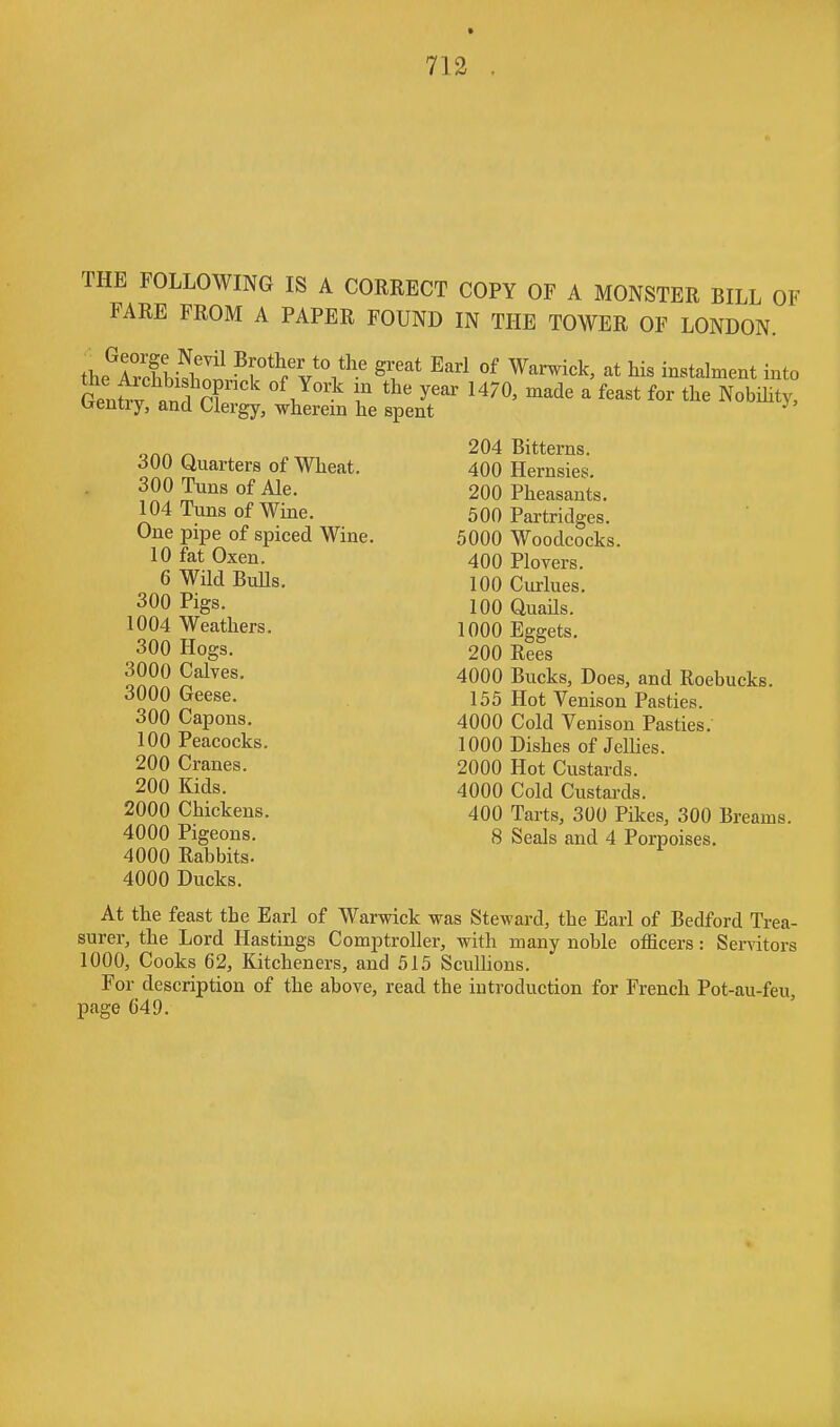 713 THE FOLLOWING IS A CORRECT COPY OF A MONSTER BILL OF FARE FROM A PAPER FOUND IN THE TOWER OF LONDON. the^IrcMnl'nil ^^'^/V^*^ ^l'* ^^^^ ^^^^^ Mment into z %:r''''' - 204 Bitterns. 400 Hernsies. 200 Pheasants. 500 Partridges. 5000 Woodcocks. 400 Plovers. 100 Curlues. 100 Quails. 1000 Eggets. 200 Rees 4000 Bucks, Does, and Roebucks. 155 Hot Venison Pasties. 4000 Cold Venison Pasties; 1000 Dishes of JeUies. 2000 Hot Custards. 4000 Cold Custards. 400 Tarts, 300 Pikes, 300 Breams. 8 Seals and 4 Porpoises. At the feast the Earl of Warwick was Steward, the Earl of Bedford Trea- surer, the Lord Hastings Comptroller, with many noble oflficers: Servitors 1000, Cooks 62, Kitcheners, and 515 SculUons. For description of the above, read the introduction for French Pot-au-feu, page 649. 300 Quarters of Wheat. 300 Tuns of Ale. 104 Tuns of Wine. One pipe of spiced Wine. 10 fat Oxen. 6 WUd BuUs. 300 Pigs. 1004 Weathers. 300 Hogs. 3000 Calves. 3000 Geese. 300 Capons. 100 Peacocks. 200 Cranes. 200 Kids. 2000 Chickens. 4000 Pigeons. 4000 Rabbits. 4000 Ducks.