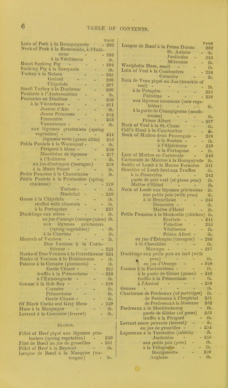 TAOR Loin of Pork a la Bourguignote - 203 Neck of Pork a la Remouhule, a I'lndi- enne - . 203 a la Venitienne - ib. Roast Sucking Pig ... 204 Sucking Pig a la Savo^'arde - ib. Turkey a la Nelson . . 205 Godard - . 2O6 Cliipolata . . 2OT Small Turkej' a la Ducbesse . 208 Poularde a I'Ambassadrice . - ib. Poulardes en Diademe - . 210 a la Vicomtesse - . .211 Jeanne d'Arc . . ib. Jeune Princesse . . 212 Financiere - . 213 Varsovienne . . - ib. aux legumes printaniers (spring vegetables) . - - 214 legumes verts (green ditto) 215 Petits Poulets a la Warenzorf . . ib. Perigord ;i blanc - - 216 Macedoine de legumes - 217 a I'Indienne - - ib. au jus d'estragon (tarragon) 218 a la Marie Stuart - - ib. Petits Poussins a la Chanoinaise - ib. Petits Poulets a la Printaniere (spring chickens) - - .219 Tartare - - ib. Marechal . . 220 Goose a la Chipolata . - ib. stutt'ed with chesnuts - - ib. a la Portugaise - . 221 Ducklings aux olives - . . ib. au jus d'orange (orange-juice) ib. aux legumes printaniers (spring vegetables) . ib. a la Chartres - - ib. Haunch of Venison - - - ib. Doe Venison a la Corin- thienne - - - 223 Necksof Doe Venison a la Corinthienne 224 Necks of Venison a la Bohemienne - ib. Faisans a la Corsaire (pheasants) - ib. Garde Cbasse - - 225 trufF^s a la Piemontaise - 226 a I'Extravagante - - ib. Grouse a la Rob Roy - - - 228 Corsaire - - ib. Piemontaise - ib. Garde Cbusse - - ib. Of Black Cocks and Gray Hens - 229 Hare a la Mjicgregor - - ib. Levraut a la Coursiere (leveret) - ib. FLANCS. Fillet of Beef pique aux legumes i)rin- taniers (spring vegetaljies) - 230 Filet de Bceuf au jus de groseilles - 231 Fillet of Beef a la Beyrout - ib. J..angue de Boeuf a la Marquise (ox- tongue) - ib. T 1 -r^ PAQB Langue de Boeuf a la Prima Donna 232 St. Aulaire - ib. Jardiniere . 233 w * . ,• T, Milanaise . ib. Westphalia Ham, small - . ib. Loin of Veal a la Cambaf 6res . 234* Cremiere - ib. Noix de Veau piqud au Jus (knuckle of , veal) . . . a la Potagere . . 235 Palestine ... 23a aux legumes nouveaux (new vege- tables) . . ib. a la pur6e de Champignons (mush- rooms) - . ib. Prince Albert - . 237 Neck of Veal a la St. Claire - ib. Calf's Head a la Constantine - ib. Neck of Mutton demi Provenyale - 238 a la Soubise - . ib. a I'Alg^rienne - 239 a la Portugaise . ib. Loin of Mutton en Carbonade - 240 Carbonade de Mouton a la Bourguinote ib. Saddle of Lamb a la Bonne Fermiere 241 Shoulder of Lamb farci aux Truffles ib. a la Financiere - - 242 pur^e de pois vert (of green peas) ib. Maftre d'Hotel - - ib. Neck of Lamb aux legumes printaniers ib. aux petits pois (with peas) ib. a la Bruxellaise - - 243 Douariere - - ib. Maitre d'Hotel - ib. Petits Poussins a laMoskovite (chicken) ib. Ecarlate - . 244 Palestine - 245 Venitienne - ib. Prince Albert - ib. au jus d'Estragon (tarragon) . 246 a la Chevaliere - - ib. Marengo ... 247 Ducklings aux petits pois au lard (with . peas) - - ib. au jus d'Orange - -248 Faisans a la Fontainbleau - - il). a la pur6e de Gibier (game) - 249 ti-uHes a la Piemontaise - ib. a I'Amiral - - - 250 Grouse .... ib. Chartreuse de Perdreaux (of partridges) ib. de Perdreaux a I'lmpfirial 251 de f erdreaux a la Moderne 252 Perdreaux a la Mecklenbourg - ib. pur^e de Gibier (of game) 253 truffes a la Perigord - ib. Levraut sauce poivrade (leveret) - ib. au jus de groseilles - - 254 Lapereaux a la Taverniere (labbits^ ib. Jardiniere - - 255 aux petits jwis (pea-x) - ib. a la Villageolse - - ib. Bourgmestre - 256 .iVnglaise - - ib. o