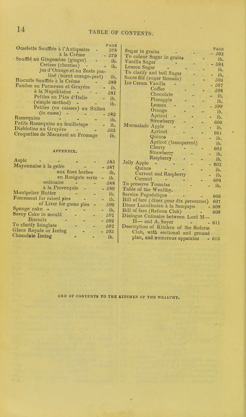 TABLE OP CONTENTS, Omelette Soufflee a I'Antiqualre a la Cr^me • SouflQe au Gingembre (ginger) Cerises (cherries) - jus d'Orange et nu Zeste pra- line (burnt orange-peel) Biscuits SoufBds a la Cretne Fondue au Parmesan et Gruyere a la Napolitaine - - . Petites au Pate d'ltalie (simple method) - Petites (en caisses) au Stilton (la cases) - . . Ramequins ... Petits Ramequins au feuilletage Dlablotins au Gruyere Croquettes de Macaroni au Fromage PAGE 578 679 ib. ib. ib. 580 ib. 581 ib. ib. 582 ib. ib. 583 ib. APPENDIX. Aspic - . . . Mayonnaise a la gelee - . 587 aux fines herbes ib. en Ravigote verte - ib. ordinaire - . 5g8 a la Provenyale - . 589 Montpelier Butter - . ib. Forcemeat for raised pies - . ib. of Liver for game pies . 590 Sponge cake - - . - ib. Savoy Cake in mould - - 591 Biscuits .... 592 To clarify Isinglass - . 592 Glace Royale or Iceing - . 593 Chocolate Iceing - . ib. Sugar in grains To colour Sugar in grains Vanilla Sugar Lemon Sugar ... To clarify and boil Sugar Sucre file (sugar threads) Ice Cream Vanilla Coffee Chocolate Pineapple Lemon Orange Apricot - Strawberry Marmalade Apple Apricot Quince Apricot (transparent) Cherry Strawberry Raspberry Jelly Apple - . . . Quince - Currant and Raspberry Currant - To preserve Tomatas Table of the Wealthy. Service Pagodatique Bill of fare (diner pour dix personnes) Diner Lucullusian a la Sanipayo Bill of fare (Reform Club) Dialogue Culinaire between Lord M— H— and A. Soyer Description of Kitchen of the Reform Club, with sectional and ground plan, and numerous apparatus PAGE - 593 ib. - 594 ib. - ib. 59« - 59T 598 - ib. ib. - 599 ib. ■ ib. 600 ■ ib. 60 J • ib. ib. 602 ib. ib. 603 ib. ib. 604 ib. 606 60T 608 609 611 613 END OF CONTENTS TO THE KITCHEN OF THE WEALTHY.