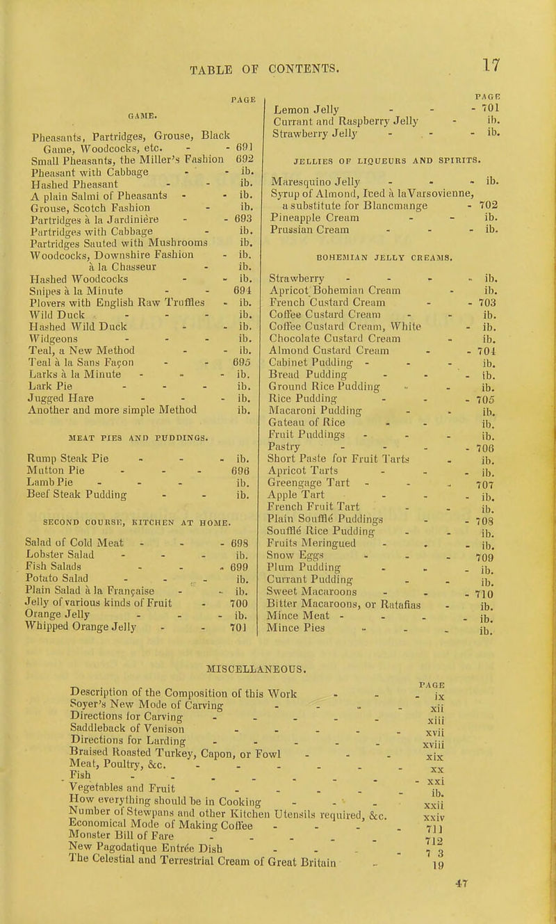 PAGE GAME. Pheasants, Partridges, Grouse, Black Game, Woodcocks, etc. - - (SOI Small Plieasants, tlie Miller's Fashion 602 Pheasant with Cabbage - ' - ib. Hashed Pheasant - - ib. A phiin Sahni of Pheasants - ■ ib. Grouse, Scotch Fashion - ib. Partridges a la Jardiniere - - 693 Partridges with Cabbage - ib. Partridges Sauted with Mushrooms ib. Woodcocks, Downshire Fashion - ib. a la Chasseur - ib. Hashed Woodcocks - ib. Snipes a la Minute 691 Plovers with English Raw Truffles - ib. Wild Duck - - - ib. Hashed Wild Duck - ib. Widgeons ... ib. Teal, a New Method - ib. Teal a la Sans Fayon 695 Larks a la Minute - ib. Lark Pie ... ib. Jugged Hare - ib. Another and more simple Method ib. MEAT PIES AND PUDDINGS. Rump Steak Pie - ib. Mutton Pie - - - 696 Lamb Pie ... ib. Beef Steak Pudding ib. SECOND COURSE, KITCHEN AT HOME. Salad of Cold Meat - - 698 Lobster Salad ... ib. Fish Salads - 699 Potato Salad . . ^ - ib. Plain Salad a la Franyaise - ib. Jelly of various kinds of Fruit 700 Orange Jelly - ib. Whipped Orange Jelly 701 PAGR Lemon Jelly - - - 701 Currant and Raspberry Jelly - ib. Strawberry Jelly - - - ib. JELLIES OF LIQUEURS AND SPITIITS. Maresquino Jelly - - - ib. Syrup of Almond, Iced a laVarsovienne, a substitute for Blancmange - 702 Pineapple Cream - - ib. Prussian Cream - - - ib. BOHEMIAN JELLY CREAMS. Strawberry - - - - ib. Apricot Bohemian Cream - ib. French Custard Cream - - 703 Coii'ee Custard Cream - . ib. Cotlee Custard Cream, White - ib. Chocolate Custard Cream - ib. Almond Custard Cream - . 704 Cabinet Pudding - - - ib. Bread Pudding - - . ib. Ground Rice Pudding . ib. Rice Pudding . - . 705 Macaroni Pudding - . ib. Gateau of Rice - . ib. Fruit Puddings - - - ib. Pastry - - - .706 Short Paste for Fruit Tarts . ib. Apricot Tarts - . - ib. Greengage Tart - - - 707 Apple Tart - - - ib. French Fruit Tart . . ib. Plain Souffle Puddings . . 708 Souffle Rice Pudding . . jb. Fruits Meringued . . - ib. Snow Eggs . . . 709 Plum Pudding . - - ib. Currant Pudding . . jb. Sweet Macaroons - . . 710 Bitter Macaroons, or Ratafias - ib. Mince Meat - . . . Mince Pies - . - ib. MISCELLANEOUS. PAGE ix xii xiii xvii xviii xix XX Description of the Composition of this Work Soyer's New Mode of Carving Directions lor Carving - . . . . Saddleback of Venison .... Directions for Larding - - - . . Braised Roasted Turkey, Capon, or Fowl Meat, Poultry, &c. . . . . . . Fish _ . Vegetables and Fruit . . . -  -  ^ib' How everything should he in Cooking . - . xxii Number ofStewpans and other Kitchen Utensils required, &c. x\iv Economical Mode of Making Coii'ee - - - 711 Monster Bill of Fare - . . . .  New Pagodatique EnMe Dish . . . ' The Celestial and Terrestrial Cream of Great Britain 712 7 3 19 ■47