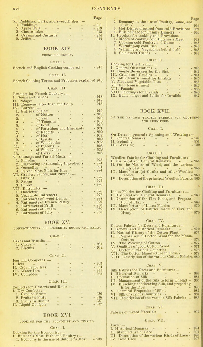 X. Puddings, Tarts, and sweet Dishes : — 1. Puddings 2. Apple Tart . - - - 3. Cheese-calces - . - - 4. Creams and Custards 5. Jellies - - - - - BOOK XIV. FRENCH COOKEHY. Chap. I. French and English Cooking compared Page - 911 - 913 - 913 - 914 - 914 - 915 Chap. II. French Cooking Terms and Processes explained 91G Chap. III. Receipts for French Cookery: — I. Soups and Sauces II. Potages III. Removes, after Fish and Soup IV. Entrees : — 1. Entrees of Beef 2. 3. 4. 5. 6. 7. 8. 9. 10. n. 12. 13. of Mutton - - - of Veal of Tongues - - - of Fowl of Partridges and Pheasants of Rabbits - of Hare of Quails of Woodcocks of Pigeons . - - of Wild Ducks J. - - of Larks . - - V. Stuffings and Farced Meats : — 1. Panadas - - - . - 2. Flavouring or seasoning Ingredients 3. Quenelles . - - - 4. Farced Meat Balls for Pies - VI. Gravies, Sauces, and Purees : — 1. Gravies . . - - 2. Sauces . . - - 3. Purees .... VII. Entremfets: — 1. Omelettes . . - - 2. Vegetable Entremets 3. Entremets of sweet Dishes - 4. Entremets of French Pastry 5. Entremets of Fruit . - - 6. Entremets of Cream 7. Entremets of Jelly ... 918 918 918 919 919 920 920 920 921 922 922 922 922 923 ■ 923 923 923 924 924 924 92.5 925 926 926 927 928 929 930 930 930 BOOK XV. CONFECTIONERY FOR DESSERTS, ROUTS, AND BALLS. Chap. I. Cakes and Biscuits: — 1. Cakes 931 2. Biscuits 932 Chap. 11. Ices and Comp6tes: — I. Ices 333 II. Creams for Ices - - - - 934 III. Water Ices 935 IV. Competes - - - - 935 Chap. III. Confects for Desserts and Routs ; — I. Dry Confects : — 1. C.mdied Fruits . - - . 936 2. Fruits in Paste .... 936 3. Fruits in Biscuit - - - - 937 II. Liquid Confects .... 937 BOOK XVI. COOKINCf FOR THE ECONOMIST AND INVALID. Chap. I. Cooking for the Economist: — I. Butclier's Moat, Fish, and Poultry : — 1. Economy in the use of Butcher 8 Moat - 938 Page 2. Economy in the me of Poultry, Game, and Fish - - - . . -939 3. Hot Dishes prepared from cold Provisions 939 4. Bills of Fare for Family Dinners - - 940 II. Receipts for cooking cold Provisions 1. Modes of cooking cold Butcher's Meat 2. Cooking cold Poultry and Game 3. Warming-up cold Fish 4. Warming-up Vegetables left at Table 5. Cold sweet Dishes ... - 942 - 943 - 943 - 943 - 943 Chap. 11 Cooking for the Invalid: — I. General Observations - - . - 943 II. Simple Beverages for the Sick - -944 III. Gruels and Caudles - - - -944 IV. Milk Nourisliment for Invalids - - 945 V. Meat and Vegetable Teas - - - 945 VI. Egg Nourishment - - - - 946 VII. Panadas - - - - - 946 VIII. Puddings for Invalids - - - 946 IX. Blancmanges and Jellies for Invalids - 947 BOOK XVII. ON THE VARIOUS TEXTILE FABRICS FOR CLOTHING AND FDRNITURE. On Dress in general; I. General Remarks II. Spinning III. Weaving Chap. I. Spinning and Weaving : — - 951 - 951 - 952 Chap. II. Woollen Fabrics for Clothing and Furniture :— I. Historical and General Remarks - - 955 II. On the Nature of Wool, and the various Kinds of it - - - - - 956 III. Manufacture'of Cloths and other Woollen Fabrics ' - - - - - 960 IV. Descriptionof the principal Woollen Fabrics 963 Chap. III. Linen Fabrics for Clothing and Furniture: — 1. Historical and General Remarks - - 968 I. Description of the Flax Plant, and Prepara- tion of Flax - - - - - 968 III. Manufacture of Linen Fabrics - - 970 IV. Description of Fabrics made of Flax; and Hemp - - - - - 970 Chap. IV. Cotton F.ibrics for Dress and Furniture: — I. General and Historical Remarks - - 97 II. Natural History of the Cotton Plant - 973 III. Preparation of Cotton Wool for the Manu- facturer ..... 974 IV. The Weaving of Cotton - - -977 V. Qualities of good Cotton Wool - - 977 VI. Cotton of various Countries - -978 VII. The Cotton Manufacture in India - - 978 VIII. Description of the various Cotton Fabrics 980 Chap. V. Silk Fabrics for Dress and Furniture: — I. Historical Remarks .... 983 II. Formation of Silk - - - - 984 HI. Management of the Silk to form Thread - 985 IV. Bleaching .md weaving Silk, and preparing it for the Dyer - - - - 986 V. Chemical Properties of Silk - - - 987 VI. Silk of various Countries - - - 987 VII. Description of the various Silk Fabrics - 988 Chap. VI. Fabrics of mixed Materials - - - 992 Chap. VII. Lace: — I. Historical Remarks - - - - 994 II. Manufacture of Lace ... 994 III. Description of the various Kinds of Lace - 996 IV. Gold Lace . - - - - 997