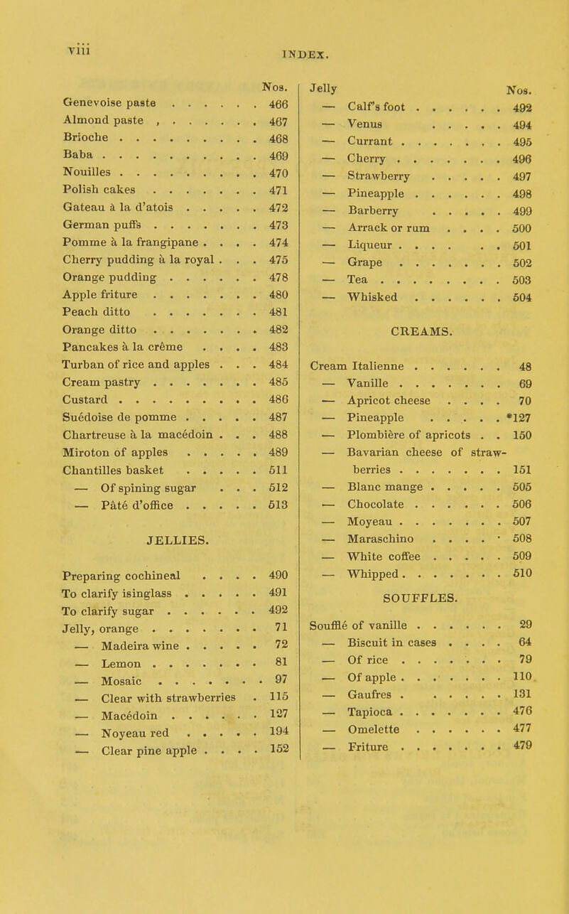 INDEX. Nos. Genevoise paste 466 Almond paste , 467 Brioche 468 Baba 469 Nouilles 470 Polish cakes 471 Gateau a la d'atois 472 German puffs 473 Pomme k la frangipane .... 474 Cherry pudding a la royal . . . 475 Orange pudding 478 Apple friture 480 Peach ditto 481 Orange ditto 482 Pancakes k la creme .... 483 Turban of rice and apples . . . 484 Cream pastry 485 Custard 486 Suedoise de pomme 487 Chartreuse a la macedoin . . . 488 Miroton of apples 489 Chantilles basket 611 — Of spining sugar . . . 612 — Pate d'office 613 JELLIES. Preparing cochineal .... 490 To clarify isinglass 491 To clarify sugar 492 Jelly, orange 71 — Madeira wine 72 — Lemon 81 — Mosaic 97 ■— Clear with strawberries . 115 — Macedoin 127 — Noyeau red 194 — Clear pine apple .... 152 Jelly Nos. — Calfsfoot 492 — Venus 494 — Currant 495 — Cherry 496 — Strawberry 497 — Pineapple 498 — Barberry 499 — Arrack or rum .... 600 — Liqueur .... . . 601 — Grape 502 — Tea 503 — Whisked 604 CREAMS. Cream Italienne 48 — Vanille 69 — Apricot cheese .... 70 — Pineapple •127 — Plombiere of apricots . . 150 — Bavarian cheese of straw- berries 151 — Blanc mange 605 — Chocolate 606 — Moyeau 507 — Maraschino . . . . • 508 — White coffee 609 — Whipped 610 SOUFFLES. Souffle of vanille 29 — Biscuit in cases .... 64 — Of rice ....... 79 — Of apple. ...... 110. — Gaufres 131 — Tapioca 476 — Omelette 477 — Friture 479