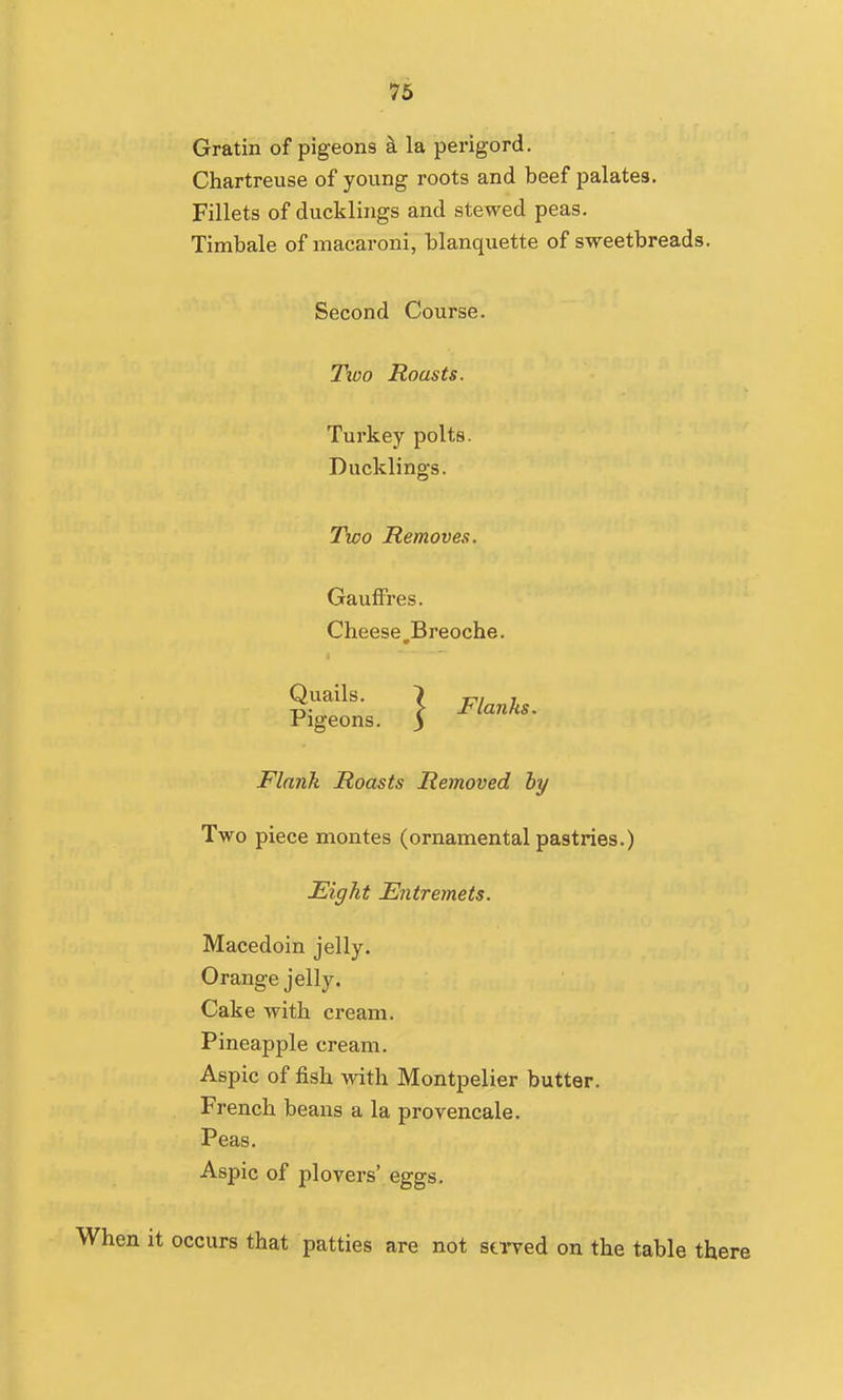 ^6 Gratin of pigeons h la perigord. Chartreuse of young roots and beef palates. Fillets of ducklings and stewed peas. Timbale of macaroni, blanquette of sweetbreads. Second Course. Tzoo Roasts. Turkey polts. Ducklings. Tkoo Removes. Gauffres. Cheese ,Breoche. g.'^^^^^- \ Flanks. Figeons. y Flank Roasts Removed hy Two piece montes (ornamental pastries.) Eight Entremets. Macedoin jelly. Orange jelly. Cake with cream. Pineapple cream. Aspic of fish with Montpelier butter. French beans a la provencale. Peas. Aspic of plovers' eggs. When it occurs that patties are not sa-ved on the table there