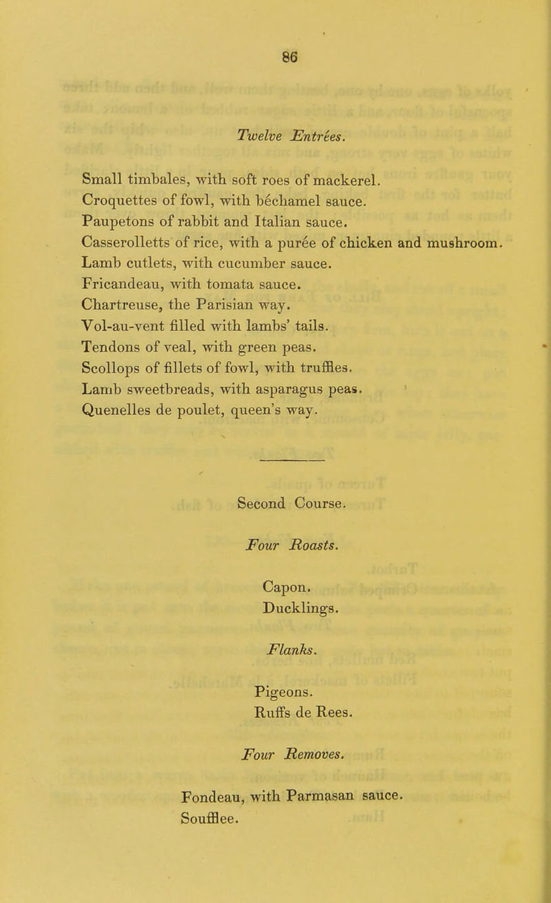 Twelve Entrtes. Small timbales, with soft roes of mackerel. Croquettes of fowl, with bechamel sauce. Paupetons of rabbit and Italian sauce. Casserolletts of rice, with a puree of chicken and mushroom. Lamb cutlets, with cucumber sauce. Fricandeau, with tomata sauce. Chartreuse, the Parisian way. Vol-au-vent filled with lambs' tails. Tendons of veal, with green peas. Scollops of fillets of fowl, with truffies. Lamb sweetbreads, with asparagus peas. Quenelles de poulet, queen's way. Second Course. Four Roasts. Capon. Ducklings. Flanks. Pigeons. Ruffs de Rees. Four Removes. Fondeau, with Parmasan sauce. Soufflee.