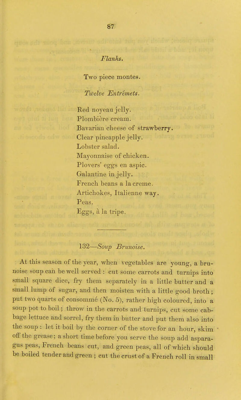 Flanhs. Two piece montes. Twelve Entremets. Red noyeau jelly. Plombiere cream. Bavarian cheese of strawberry. Clear pineapple jelly. Lobster salad. Mayonnaise of chicken. Plovers' eggs en aspic. Galantine in jelly. French beans a la creme. Artichokes, Italienne way. Peas. Eggs, a la tripe. 132—Soup Brunoise, At this season of the year, when vegetables are young, a bru- noise soup can be well served : cut some carrots and turnips into small square dice, fry them separately in a little butter and a small lump of sugar, and then moisten with a little good broth; put two quarts of consomme (No. 5), rather high coloured, into a soup pot to boil; throw in the carrots and turnips, cut some cab- bage lettuce and sorrel, fry them in butter and put them also into the soup : let it boil by the corner of the stove for an hour, skim off the grease; a short time before you serve the soup add aspara- gus peas, French beans cut, and green peas, all of which should be boiled tender and green ; cut the crust of a French roll in small