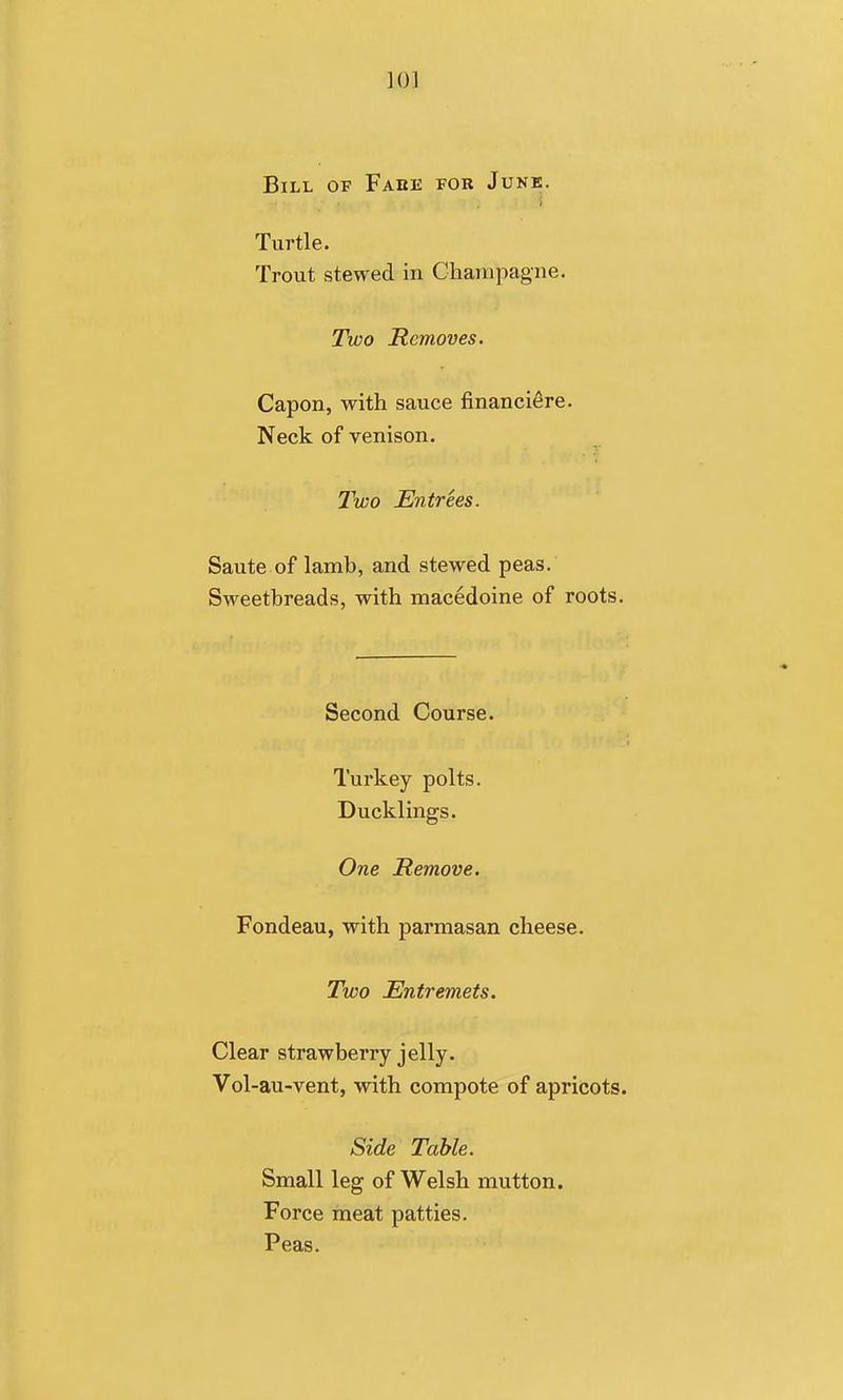Bill of Fabk for Jukk. i Turtle. Trout stewed in Chajiipagne. Two Removes. Capon, with sauce financiere. Neck of venison. Two Entrees. Saute of lamb, and stewed peas. Sweetbreads, with macedoine of roots. Second Course. Turkey polts. Ducklings. One Remove. Fondeau, with parmasan cheese. Two Entremets. Clear strawberry jelly. Vol-au-vent, with compote of apricots. Side Table. Small leg of Welsh mutton. Force meat patties. Peas.