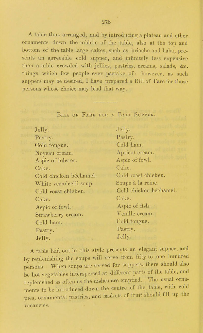 A table tlms arranged, and by introducing a plateau and other ornaments down the middle of the table, also at the top and bottom of the table large cakes, such as brioche and baba, pre- sents an agreeable cold supper, and infinitely less expensive than a table crowded with jellies, pastries, creams, salads, &c. things which few people ever partake of: however, as such suppers may be desired, I have prepared a Bill of Fare for those persons whose choice may lead that way. Bill or Fare for a Ball Supper. Jelly. Pastry. Cold tongue. Noyeau cream. Aspic of lobster. Cake. Cold chicken bechamel. White vermicelli soup. Cold roast chicken. Cake. Aspic of fowl. Strawberry cream. Cold ham. Pastry. Jelly. Jelly. Pastry. Cold ham. Apricot cream. Aspic of fowl. Cake. Cold roast chicken. Soupe a la reine. Cold chicken bechamel. Cake. Aspic of fish. Venille cream. Cold tongue. Pastry. Jelly. A table laid out in this style presents an elegant supper, and by replenishing the soups will serve from fifty to one hundred persons. When soups are served for suppers, there should also be hot vegetables interspersed at diff-erent parts of the table, and replenished as often as the dishes are emptied. The usual orna- ments to be introduced down the centre of the table, with cold pies, ornamental pastries, and baskets of fruit should fill up the vacancies.