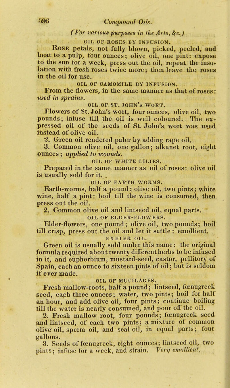 59i> Compound Oils. (For various purposes in the Arts, 8fc.) OIL OF ROSES BY INFUSION. Rose petals, not fully blown, picked, peeled, and beat to a pulp, four ounces; olive oil, one pint: expose to the sun for a week, press out the oil, repeat the inso- lation with fresh roses twice more) then leave the roses in the oil for use. OIL OF CAMOMILE BY INFUSION. From the flowers, in the same manner as that of roses: used in sprains. oil of st. John's wort. Flowers of St. John's wort, four ounces, olive oil, two pounds; infuse till the oil is well coloured. The ex- pressed oil of the seeds of St, John's wort was used instead of olive oil. 2. Green oil rendered paler by adding rape oil. 3. Common olive oil, one gallon; alkanet root, eight ounces; applied to wounds. OIL OF WHITE^ LILIES. Prepared in the same manner as oil of roses: olive oil is usually sold for it. , OIL OF EARTH WORMS. Earth-worms, half a pound; olive oil, two pints ; white wine, half a pint: boil till the wine is consumed, then press out the oil. 2. Common olive oil and lintseed oil, equal parts. OIL OF ELDER-FLOWERS. Elder-flowers, one pound ; olive oil, two pounds; boil till crisp, press out the oil and let it settle : emollient. EXETER OIL. Green oil is usually sold under this name: the original formula required about twenty different herbs to be infused in it, and euphorbium, mustard-seed, castor, pellitory of Spain, each an ounce to sixteen pints of oil; but is seldom if ever made, OIL OF MUCILAGES. Fresh mallow-roots, half a pound; lintseed, fcenugreek seed, each three ounces; water, two pints; boil for half an hour, and add olive oil, four pints; continue boiling till the water is nearly consumed, and pour off the oil. 2. Fresh mallow root, four pounds; fcenugreek seed and lintseed, of each two pints; a mixture of common olive oil, sperm oil, and seal oil, in equal parts; four gallons. 3. Seeds of fcenugreek, eight ounces; lintseed oil, two pints; infuse for a week, and strain. Very emollient.