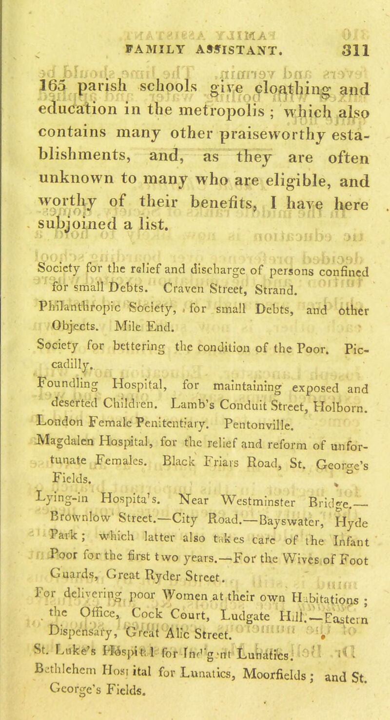 16a parish schools ^i'^ff^^flQ^tbing and education in the metropolis ; which also contains many other praiseworthy esta- blishments, and, as they are often unknown to many who are eligible, and ^yoi'tli^y of their benefits, I hav^ here subjoined a list. , Society for the relief and discharge of persons confined for small Debts. Craven Street, Strand. '' • ^ Philantliropic Society, , for small Debts, and bther Objects. Mile End. Society for bettering the condition of the Poor. Pic- cadilly. Foundling Hospital, for maintaining exposed and deserted Children. Lamb's Conduit Street, Holborn. London Female Penitentiary. Pentonville. Magdalen Hospital, for the relief and reform of unfor- tunate Females. Black Friars Road, St. Qeor^e's Fields. ' \° Lying-in Hospita's. Near Westminster Bridget—- Brdwnlow' Street.—City Road.—Bays water, Hyde Park; which latter also takes care of the Infant 0 i^oor for the first two years.—For the Wives of Foot Guards, Great Ryder Street. For delivering poor Women at their own Hibitatipris ; the Oifice, Cock Court, Ludgate Hill.—Eastern Dispensary, 'GVe'ii'Alic Street.^'-^mtm i>ii,i io St. Luke's H^sjMt'a forIndg'ttt iLukfregJi')?! Bethlehem Ho», ital for Lunatics, Moorfields ; and St. George's Fields.