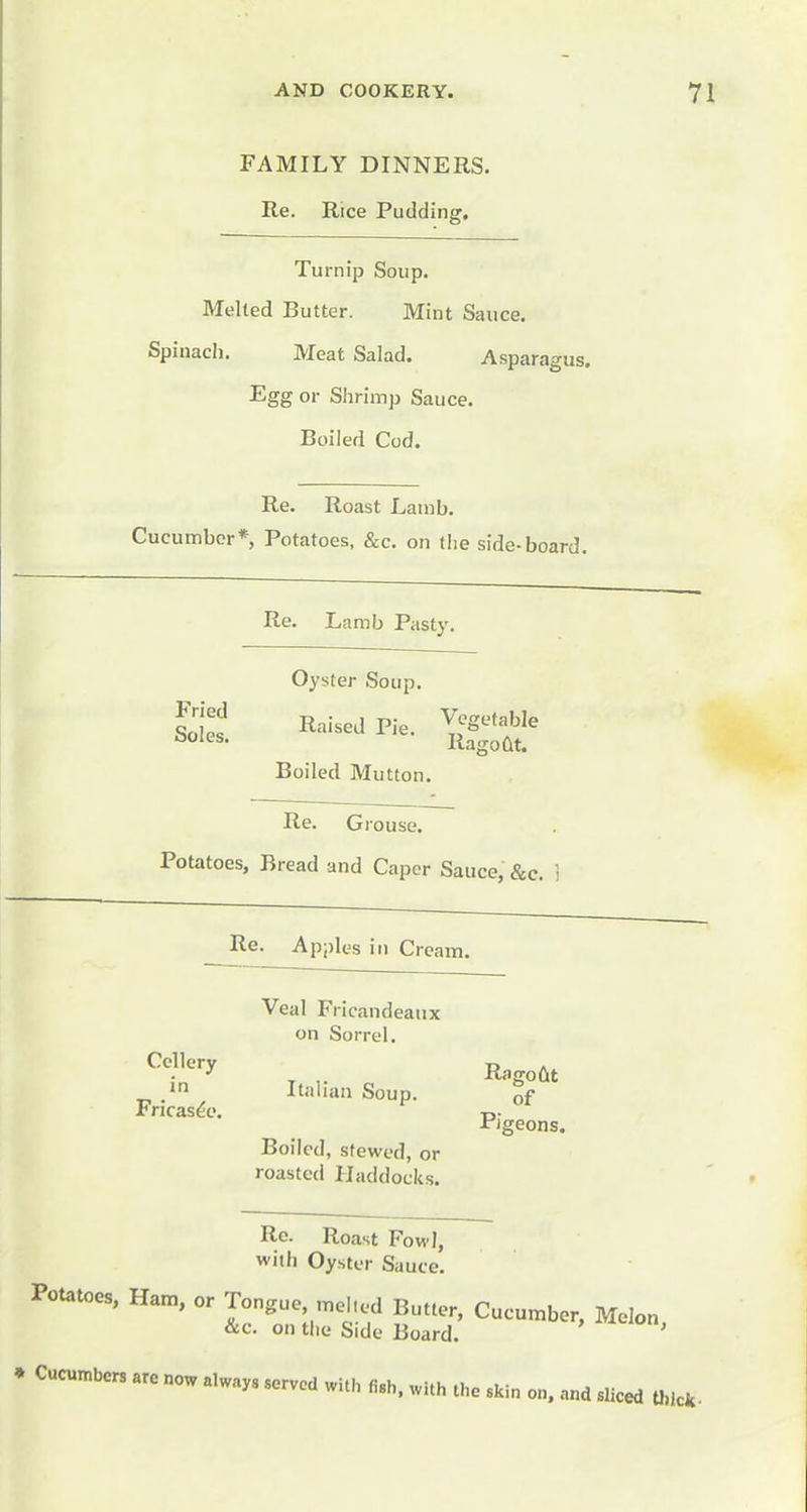 FAMILY DINNERS, lie. Rice Pudding, Turnip Soup. Melted Butter. Mint Sauce. Spinach. Meat Salad. Asparagus. Egg or Shrimp Sauce. Boiled Cod. Re. Roast Lamb. Cucumber* Potatoes, &c. on the side-board. Re. Lamb Pasty. Oyster Soup. Sots Raised Pie. ^^S^^f^^ ^''^s- RagoClt. Boiled Mutton. Re. Grouse. Potatoes, Bread and Caper Sauce, &c. Re. Apples ill Crca m. Veal Fricandeaux on Sorrel. Ccllery Raeoftt .in Italian Soup. of Pigeons. Boiled, stewed, or roasted Haddocks. Re. Roast Fowl, with Oyster Sauce. Potatoes, Ham, or Tongue mol.ed Butter, Cucumber, Melon &c. on tlie Side Board. ' * Cucumbers are now always served with fish, with the skin on. n„d sliced thici.-