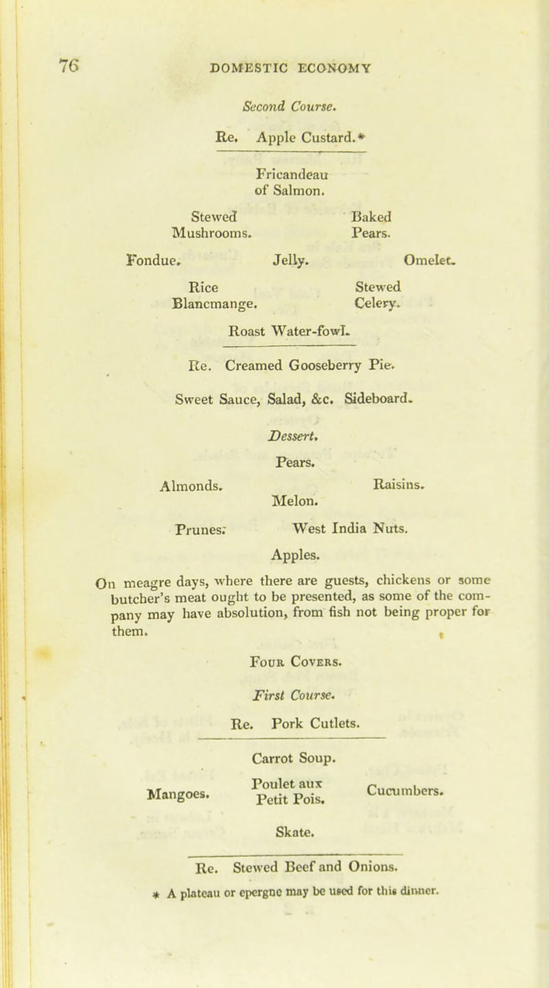 Second Course. Re, Apple Custard.* Fricandeau of Salmon. Stewed Baked Mushrooms. Pears. Fondue, Jelly. Omelet- Rice Stewed Blancmange. Celery. Roast Water-fowL Re. Creamed Gooseberry Pie. Sweet Sauce, Salad, &c. Sideboard. Dessert, Fears, Almonds. Raisins. Melon. Prunes; West India Nuts. Apples. On meagre days, where there are guests, chickens or some butcher's meat ought to be presented, as some of the com- pany may have absolution, from fish not being proper for them. ; Four Covers. First Course. Re. Pork Cutlets. Carrot Soup. Mangoes. Cucumbers. Skate. Re. Stewed Beef and Onions. * A plateau or epergnc may be used for thi« diiwcr.