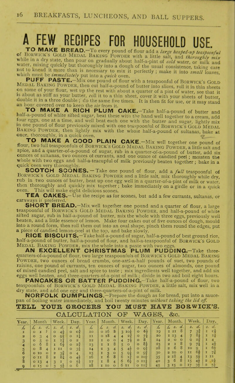 A FEW RECIPES FOR HOUSEHOLD USE. Of HcmvM^K. CoLu Mkdai. Baking Powuiiu with a little salt, and thoroughly iix while 1.1 a dry state then pour on gradually about half-a-pint of cold water, or milk and water mixing quickly but thoroughly into a dough of the usual consistence, takin- care not to knead it more than is necessary to mix it perfectly; make it into small loaves winch nuist be immediately put into a quick oven. PUFF PASTE.-Mix one pound of flour wiih a teaspoonful of Borwick's Gold Mkdal Baking Powuhk. then cut half-a-pound of butler into slices, roll it in thin sheets on some of your flour, wet i.-p the rest with aljout a quarter of a pint of water, see that it is about as stiff as your butter, loW it to a thin sheet, cover it with your sheets of butter double It in a three double ; do the same five times. It is then fit for use, or it may stand an hour covered over to keep the air from it. TO MAKE A RICH PLUM CAKE.-Take half-a-pound of butter and hall-a-pound of white sifted sugar, beat these with the hand well together to a cream, add four eggs, one at a time, and well beat each one with the butter and sugar, lightly mix in one pound of flour previously nii.Ked with one teaspoonful of Borwick's Gold Medai, Baking Powder, then lightly mix with the whole half-a-pound of sultanas, bake at once, thoroughly, in a quick oven. '7 TO MAKE A GOOD PLAIN CAKE.-Mix well together one pound of flour, two full teaspoonfuls of Borwick's Gold Mkdal Baking Powder, a little salt and spice, and a quarter-of-a-pound of sugar, rub in a quarter-of-a-pound of butter add six ounces ot sultanas, two ounces ot currants, and one ounce of candied peel; moisten the whole with two eggs and half-a-teacupful of milk previously beaten together ; bake in a quick oven very tl.oroughly. SCOTCH SOONES. — Take one pound of flour, add z. full teaspoonful of Borwick's Gold Medal Baking Powder and a little salt, mix thoroughly while dry, rub in two ounces of butter, beat up one egg well in a quarter-of-a-pint of milk or water! then thoroughly and quickly mix together ; bake immediately on a girdle or in a quick oven. This will make eight delicious scones. TEA CAKES.-Use the recipe as for scones, but add a few currants, sultanas, or caraways if preferred. SHORT BREAD.—Mix well together one pound and a quarter of flour, a large teaspoonful of Borwick's Gold Medal Baking Powder, and half-a-pound of white sifted sugar, rub in half-a-pound of butter, mix the whole with three eggs, previously well beaten, and a little essence of lemon. Make four cakes out of five ounces of dough, mould into a round form, then roll them out into an oval shape, pinch them round the edges, put a piece of candied lemon-peel at the top, and bake slowly. RICE BISCUITS.—Take half-a-pound of sugar, half-a-pound of best ground rice, half-a-pound of butter, half-a-pound of flour, and half-a-teaspoonful of BoRrt'iCK'S Gold Medal Baking Powder, mix the whole into a paste with two eggs. AN EXCELLENT CHRISTMAS PLUM PUDDING.-Take three- fjuarters-of-a-pound of flour, two large teaspoonfuls of Borwick's Gold Medal Baking Powder, two ounces of bread crumbs, one-an*J-a-half pounds of suet, two pounds of raisins, one pound of currants, ten ounces of sugar, two ounces of almonds, one pound of mixed candied peel, salt and spice to taste ; mix ingredients well together, and add six eggs well beaten, and three-quarters-of-a-pint of milk; divide in two and boil eight hours. PANCAKES OR BATTER PUDDING.-Take half-a-pound of flour, two teaspoonfuls of Borwick's Gold Medal B.mcing Powder, a little salt, mix well in a dry state, and add one egsf and three-quarters-of-a-pint of milk. NORFOLK DUMPLINGS.—Prepare the dough as for bread, put into a sauce- pan of boiling water immediately, and boil twenty minutes without taking the lid off. TELL YOUR GROCERS YOTT MUST HAVE BORWICK'S. CALCULATION OP WAGES, &c. Year. Month Week. Day. Year. Month. Week. Day. (Year. Month. Week. Day. £. £ s. d. s. d. s. d. Ji s. d s. d. J. d. 1 £ £ s. d. s, d. s. d. I O X f 0 4i 0 of 10 0 16 8 3 loJ 0 6i 19 I II 8 7 3* I cj 3 034 0 9i 0 li 11 0 18 4 4 2? 0 7J 20 I 13 4 7 si 3 050 0 2 12 100 4 7i 0 8 24 200 Q 2j 4 068 \ ll 0 2? 13 I I 8 ^ °i 0 l\ 25 218 9 7l \ :* 5 084 I XI 0 31 14 I 3 4 5 4J 0 gi 28 268 10 9 I 6i 6 0 10 0 2 3i 0 4 15 150 S 9i 0 9? 30 2 10 0 II 6} I 7i 7 0 II 8 2 8^ 0 4i 16 I 6 8 6 if 6 6J 0 loi 35 2 iS 4 13 si J II 8 0 13 4 3 si 0 5l 17 184 0 iij 40 368 15 4i 3 2} 9 0 IS 0 0 6 18 I 10 0 6 II 0 iif 45 3 IS 0 17 ?i 2 si