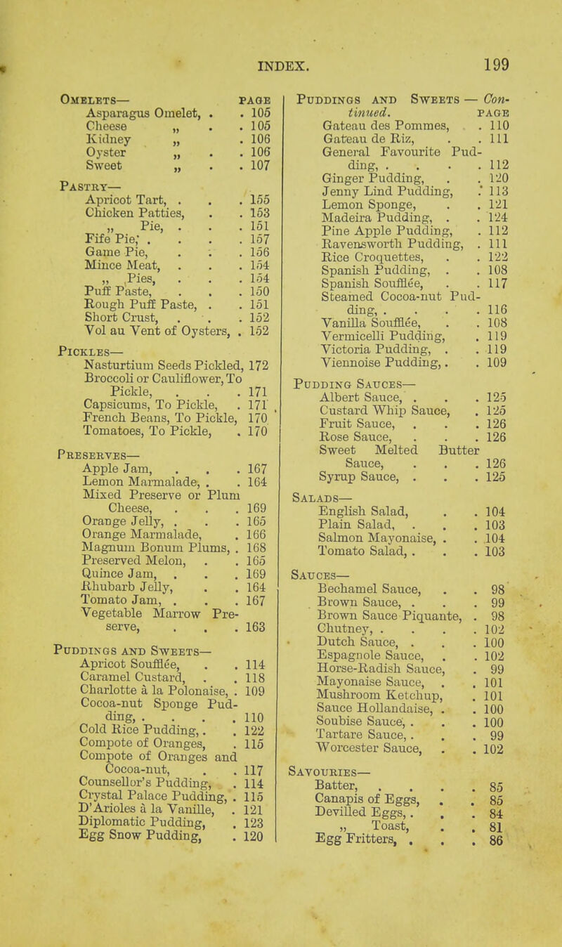 « Omelets— paob Asparagus Omelet, . • 105 Cheese „ . .105 Kidney „ .106 Oyster „ . . 106 Sweet „ . . 107 Pastry— Apricot Tart, . . . 155 Chicken Patties, . .163 „ Pie, . . .151 Fife Pie; . . . .157 Game Pie, . . .156 Mince Meat, . . . 154 „ ,Pies, . . . 154 Puff Paste, . . .150 Rough Puff Paste, . . 151 Short Crust, . . .152 Vol au Vent of Oysters, . 152 Pickles— Nasturtium Seeds Pickled, 172 Broccoli or Cauliflower, To Pickle, . . .171 Capsicums, To Pickle, . 171' French Beans, To Pickle, 170 Tomatoes, To Pickle, . 170 Preserves— Apple Jam, . . . 167 Lemon Mai-malade, . . 164 Mixed Preserve or Plum Cheese, , . .169 Orange Jelly, . . .165 Orange Marmalade, . 166 Magnum Bonum Plums, . 168 Preserved Melon, . .165 Quince Jam, . , . 169 Rhubarb Jelly, . . 164 Tomato Jam, . . .167 Vegetable Marrow Pre- serve, . . .163 Puddings and Sweets— Apricot Soufflee, . .114 Caramel Custard, . .118 Charlotte a la Polonaise, . 109 Cocoa-nut Sponge Pud- ding, . . . .110 Cold Kice Pudding,. . 122 Compote of Oranges, . 115 Compote of Oranges and Cocoa-nut, . .117 Counsellor's Pudding, . 114 Crystal Palace Pudding, .115 D'Arioles a la Vanille, . 121 Diplomatic Pudding, . 123 Egg Snow Pudding, . 120 Puddings and Sweets — Con- tinued. PAGE Gateau des Pommes, .110 Gateau de Riz, . .111 General Favourite Pud- ding, . . . .112 Ginger Pudding, , .120 Jenny Lind Pudding, .'113 Lemon Sponge, . . 121 Madeira Pudding, . . 124 Pine Apple Pudding, . 112 Ravensworth Pudding, . Ill Rice Croquettes, . . 122 Spanish Pudding, . .108 Spanish Soufilee, . .117 Steamed Cocoa-nut Pud- ding, .... 116 VaniUa Soufflee, . . 108 Vermicelli Pudding, . 119 Victoria Pudding, . .119 Viennoise Pudding,. .109 Pudding Sauces— Albert Sauce, . . .12-5 Custard Whip Sauce, . 125 Fruit Sauce, . . .126 Rose Sauce, . . . 126 Sweet Melted Butter Sauce, . . .126 Syrup Sauce, . . . 125 Salads— English Salad, . .104 Plain Salad, . . .103 Salmon Mayonaise, . .104 Tomato Salad, . . .103 Sauces— Bechamel Sauce, . .98 Brown Sauce, . . .99 Brown Sauce Piquante, . 98 Chutney, . . , .102 Dutch Sauce, . . . 100 Espagnole Sauce, . . 102 Horse-Radish Sauce, . 99 Mayonaise Sauce, . . 101 Mushroom Ketchup, . 101 Sauce Hollandaise, . . 100 Soubise Sauce, . . . 100 Tartare Sauce,. . .99 Worcester Sauce, . . 102 Savouries— Batter, .... 85 Canapis of Eggs, . . 85 Devilled Eggs,... 84 „ Toast, . . 81 Egg Fritters, . . .86