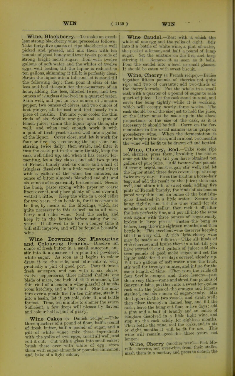 Wine, Blackberry.—To make an excel- lent strong blackberry wine, proceed us follows: Take forty-tivo quarts of ripe blackl)orrii)8 well picked and pressed, and mix them with ten pounds of good honey and twenty-six pounds of Btrong bright moist sugar. Boil with twelve gallons of soft water and the whites of twelve eggs well beaten, till the liquor is reduced to ten gallons, skinnning it till it is perfectly clear. Strain the liquor into a tub, and let it stand till the following day; then pour it clear of the lees and boil it again for thi-ee-quartors of an hoiu-, adding the lees, filtered twice, and two ounces of isinglass dissolved in a quart of water. Skim well, and put in two ounces of Jamaica pepper, two ounces of cloves, and two ounces of best ginger, all bruised and tied loosely in a piece of muslin. Put into your cooler the thin rinds of six Seville oranges, and a pint of lemon-juice; strain the liquor upon them, stir well, and when cool enough work it with a pint of fresh yeast stirred well into a gallon of the liquor. Cover close, and let it work for four or five days, removing the top scum and stirring twice daily; then strain, and filter it into the cask, put in the bung tightly, keep the cask well tilled up, and when it has ceased fer- menting, let a day elapse, and add two quarts of French brandy and an ounce and a half of isinglass dissolved in a little water and mixed with a gallon of the wine, ten minutes, an ounce of bitter almonds blanched and slit, and six ounces of sugar-candy broken small. Secure the bung, paste strong white paper or coarse linen over it, and place plenty of sand over all, wetted a little. Keep the wine in a cool cellar for two years, then bottle it, for it is certain to be fine, by means of the filterings, which are quite necessary to this as well as to all rasp- berry and elder wine. Seal the corks, and keep it in the bottles before using for two years. If allowed to lie for a longer time it wiU still improve, and will be found a beautiful wine. Wine Browning for Flavouring and Colouring Gravies.—Dissolve an ounce of fresh butter in a small saucepan, and Btir into it a quarter of a pound of powdered white sugar. As soon as it begins to colour draw it to the side, and stir into it very gradually a pint of good port. Pour it into a fresh saucepan, and put with it six cloves, twelve peppercorns, three minced shallots, one blade of mace, one inch of stick cinnamon, the thin rind of a lemon, a wine-glassful of mush- room ketchup, and a little salt. Stir the mix- ture over a gentle fire for ten minutes, strain it into a basin, let it get cold, skim it, and bottle for use. Time, ten minutes to simmer the sauce. SufiBcient, a few drops will pleasantly flavour and colour half a pint of gravy. Wine Cakes (a Danish recipe).—Take three-quarters of a pound of flour, half a poimd of fresh butter, half a pound of sugar, and a gill of white wine; mix these ingredients with the yolks of two eggs, knead all well, and roll it out. Cut with a glass into small cakes; brush these over with white of egg, strew them with sugar-almonds or poimded cinnamon, and bake of a light colour. Wine Caudel.—Beat with a whijik the white of one egg and the yolks of eiglit. Stir into it a bottle of white wine, a pint of water, the peel of a lemon, iind half a pound of lump sugar. Set the mixture on the fire, and keep stirring it. Itemovo it as soon as it boils. Pour the caudel into a bowl or Binull gbissea. It sliould be eaten with sweet biscuit. Wine, Cherry (a French recipe).—Bruise together fifteen pounds of cherries not quite ripe, and two of currants; add two-thirds of the cherry kernels. Put tlie whole in a small cask with a quarter of a pound of sugar to (jach quart of juice. Let the cask stand in sand, and cover the bung tightly while it is working, which will occupy nearly three weeks. The cask should be of the size just to hold the juice, or the latter must be made up in the above proportions to the size of the cask, as it is necessary it should be full. Carry on the fer- mentation in the usual manner as in grape or gooseberry wine. When the fermentation is over, bung up the cask, and in about two months the wine will be fit to be drawn off and bottled. Wine, Cherry, Red.—Take some ripe red cherries, press them, breaking the stones amongst the fruit, tiU you have obtained ten gallons of pme juice. Add twenty-four pounds of strong bright moist sugar, stir well, and let the liquor stand three days covered up, stirring twice every day. Press the fruit in a horse-hair bag, and add the result to the juice; then mix well, and strain into a sweet cask, adding five pints of French brandy, the rinds of six lemons pared very thin, and an ounce of the best isin- glass dissolved in a little water. Secure the bung tightly, and let the wine stand for six months in a cool cellar; then rack it off, filter the lees perfectly fine, and put all into the same cask again with three ounces of sugar-candy broken in large pieces. Fasten the bung as before, keep the wine eighteen months, and then bottle it. This excellent wine deserves keeping till it is very old. A rich light cherry wine may be made as follows :—Take all kinds of ripe cherries, and bruise them in a tub till you have extracted eight gallons of juice; add six- teen pounds of good moist sugar, and set the liquor aside for three days covered closely up. Put two gallons of soft water upon the fruit, stir well for twenty minutes, and infuse for the same length of time. Then pare the rinds off four Seville oranges and three lemons—pare them very thin—stone and shred four pounds of Smyrna raisins, put them into a sweet ten-gallon cask with the juice of the oranges and lemons strained, and six ounces of sugar-candy. Slix the liquors in the two vessels, and stram well; then filter thi'ough a flannel bag, and fill the cask; leave the bung out four or five days; add a pint and a half of brandy and an ounce of isinglass dissolved in a Httle Hght wuie, and stop up the cask safely for eighteen months. Then bottle the wine, seal the corks, and m six or eight months it will be fit for use. This wine will remain good for three years, not longer. Wine, Cherry (another way).—Pick Mo- rello chorri(>s, not over-ripe, from thoir stalks, mash them in a mortar, and press to detach the