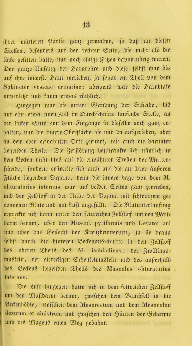 it)xcv mittlcreit Partie gaitj jermatmt, fo ba^ an bitfcu ©telfeii, bcfüiibcrö auf ber xtd)ten (Seite, bie mefjr aU bi'e linFe gelitten l)atte, nuv norf) einige ^e^en baöon übrig n?aren. Ser ganje Umfang ber ^arnroljre nnb biefe felbf^ luar biö auf ihre innerjle ^?ant jerrieben, ja fogar ein Z\)ni üon bem Sphincter vesicae urinariae; übrigenö VDar bie ßamblafc nnücrfe^t nnb fanm ctwaö rbtl)Iic(). hingegen mar bie untere 2öanbung ber ®df)eibe, biö auf eine etwa einen im 2)nrrf|fd)nitte lanfenbe ®teKe, an ber linfen ©eite üon bem ©ingange in biefelbe nocf) ganj er^ halten, nur bie innere Oberfläcf)e l)ie unb ba aufgerieben, aber an bem eben erwäbntcn Orte jerftört, wie audj bie barunter liegenben ^Il)eife. £)ie S^fftorung befd)ränfte jTrf) nämficf) in bem Secfen nicf)t bfoö auf bie ermähnten (Stetten ber ?0?utter^ fd)eibe, foubcrn erflrecfte jTcf) and) auf bie an ii)rer änderen g^fäcf)e liegenben .Organe, benn bie innere ?age üon bem M. ohturatorius internus toav auf beiben (Seiten ganj jerrieben, unb ber S^Öfti^ff i^ ^^^ 3fi(it)e ber SSagina mit fcf)n)arjem ge? ronnenen S3Inte unb mit Suft angefüttt. Die S3hitunterraufung erjlrecfte ficf) bann unter ben fettreid^en S^ttflof um ben ?0?aft^ barm f)erum, über ben Muscul. pyrifoimis nnb Levator ani unb über baö ®cflec()t ber ^reujbeinnerüen, ja ffe brang felbft bnrcf) bie hinteren 53ecfenanöfd)nitte in ben SfttjTef beö oberen Xl)eil^ beö M. ischiadicus, ber 3^ittingö? muöfetn, ber üierecfigen (Srfjenfefmu^feln unb beö au^erl^alb bc^ S3e(fenö Hegenben Zljeii^ beö Musculus ohturatorius internus. X)ie ^uft l)ingegen l)atte fid) in bem fettreichen Sft^f^ojf um ben ?0?aflbarm herum, jmifd)en bem S8aud)feff in bie 53ecfenhüf)ic, jmifd)en bem Mesorectum unb bem Mesocolon dextrum et sinistrum unb jmifd)cn beu ^päutert ber ©ebärmc unb beö 5!)2agenö einen 5öeg gebaf)nt.