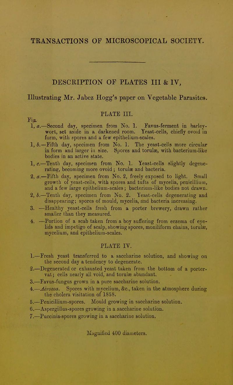 TRANSACTIONS OP MICROSCOPICAL SOCIETY. DESCRIPTION OF PLATES III & IV, Illustrating Mr. Jabez Hogg's paper on Vegetable Parasites. PLATE III. 1, a.—Second day, specimen from No. 1. Favus-ferment in barley- wort, set aside iu a darkened room. Yeast-cells, chiefly ovoid iu form, with spores and a few epithelium-scales. 1, b.—Fifth day, specimen from No. 1. The yeast-cells more circular in form and larger in size. Spores and torulae, with bacterium-like bodies in an active state. 1, c.—Tentli day, specimen from No. 1. Yeast-cells slightly degene- rating, becoming more ovoid ; torulse and bacteria. 2, a.—Fifth day, specimen from No. 2, freely exposed to light. Small growth of yeast-cells, with spores and tufts of mycelia, penicilliuin, and a few large epithelium-scales; bacteriuui-like bodies not drawn. 2. h.—Tenth day, specimen from No. 2. Yeast-cells degenerating and disappearing; spores of mould, mycelia, and bacteria increasing. 3. —Healthy yeast-cells fresh from a porter brewery, drawn rather smaller than they measured. 4. —Portion of a scab taken from a boy suffering from eczema of eye- lids and impetigo of scalp, showing spores, moniiiform chains, torulse, mycelium, and epithelium-scales. PLATE IV. 1. —Fresh yeast transferred to a saccharine solution, and showing on the second day a tendency to degenerate. 2. —Degenerated or exhausted yeast taken from the bottom of a porter- vat ; cells nearly all void, and torulee abundant. 3. —Favus-fungus grown iu a pure saccharine solution. 4. —Aerozoa. Spores with mycelium, &c., taken in the atmosphere during the cholera visitation of 1858. 5. —Penicillium-spores. Mould growing in saccharine solution. 6. —Aspergillus-spores growing in a saccharine solution. 7. —Puccinia-spores growing in a saccharine solution. Muguilicd 400 diameters.