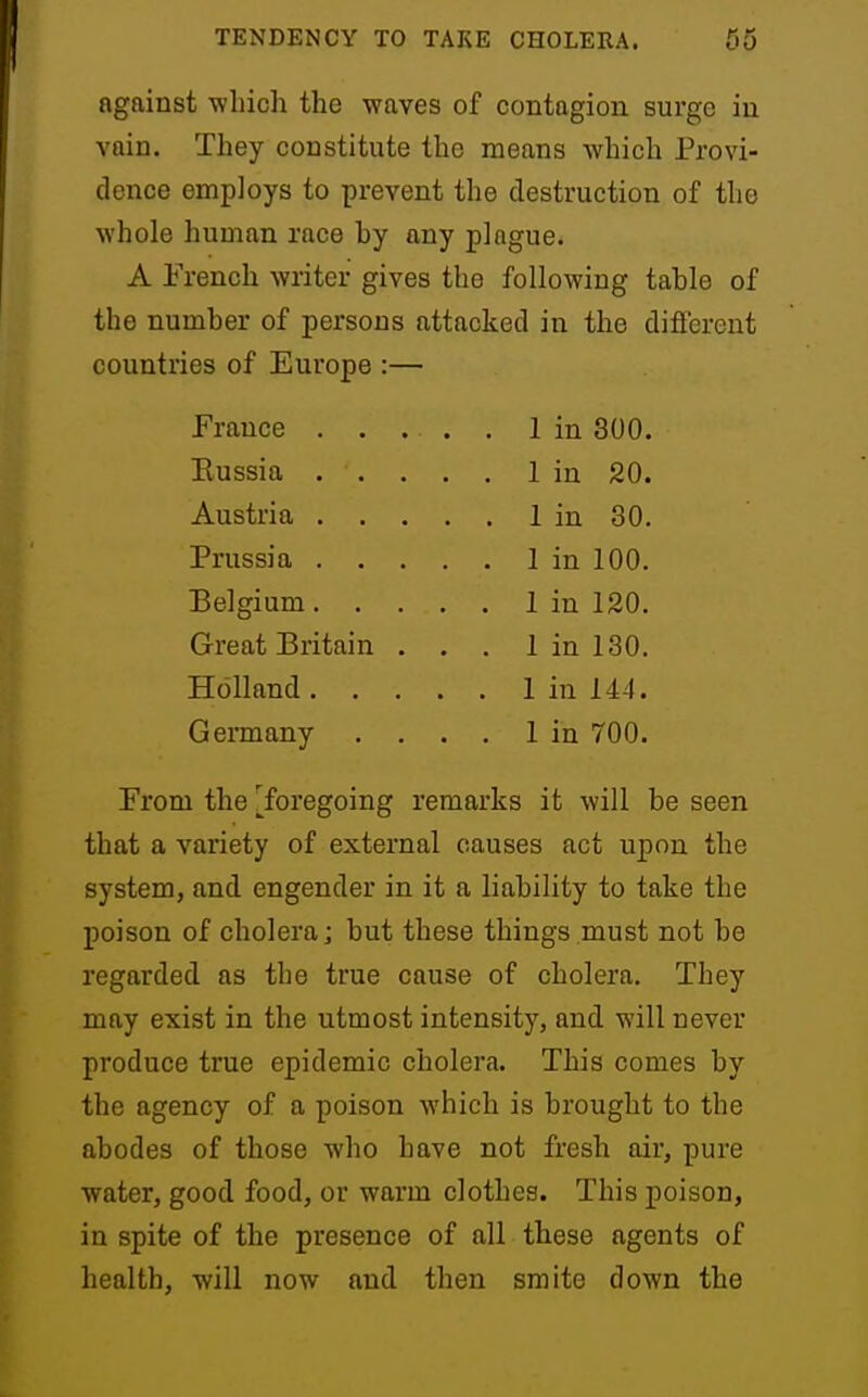 against -wluch the waves of contagion surge in vain. They constitute the means which Provi- dence employs to prevent the destruction of the whole human race hy any plague. A French writer gives the following tahle of the number of persons attacked in the difierent countries of Europe :— France . . . . . 1 in 300. Eussia 1 in 20. Austria 1 in 30. Prussia 1 in 100. Belgium 1 in 120. Great Britain . . . 1 in 130. Holland 1 in 144. Germany .... 1 in 700. From the [^foregoing remarks it will be seen that a variety of external causes act upon the system, and engender in it a liability to take the poison of cholera; but these things must not be regarded as the true cause of cholera. They may exist in the utmost intensity, and will never produce true epidemic cholera. This comes by the agency of a poison which is brought to the abodes of those who have not fresh air, pure water, good food, or warm clothes. This poison, in spite of the presence of all these agents of health, will now and then smite down the