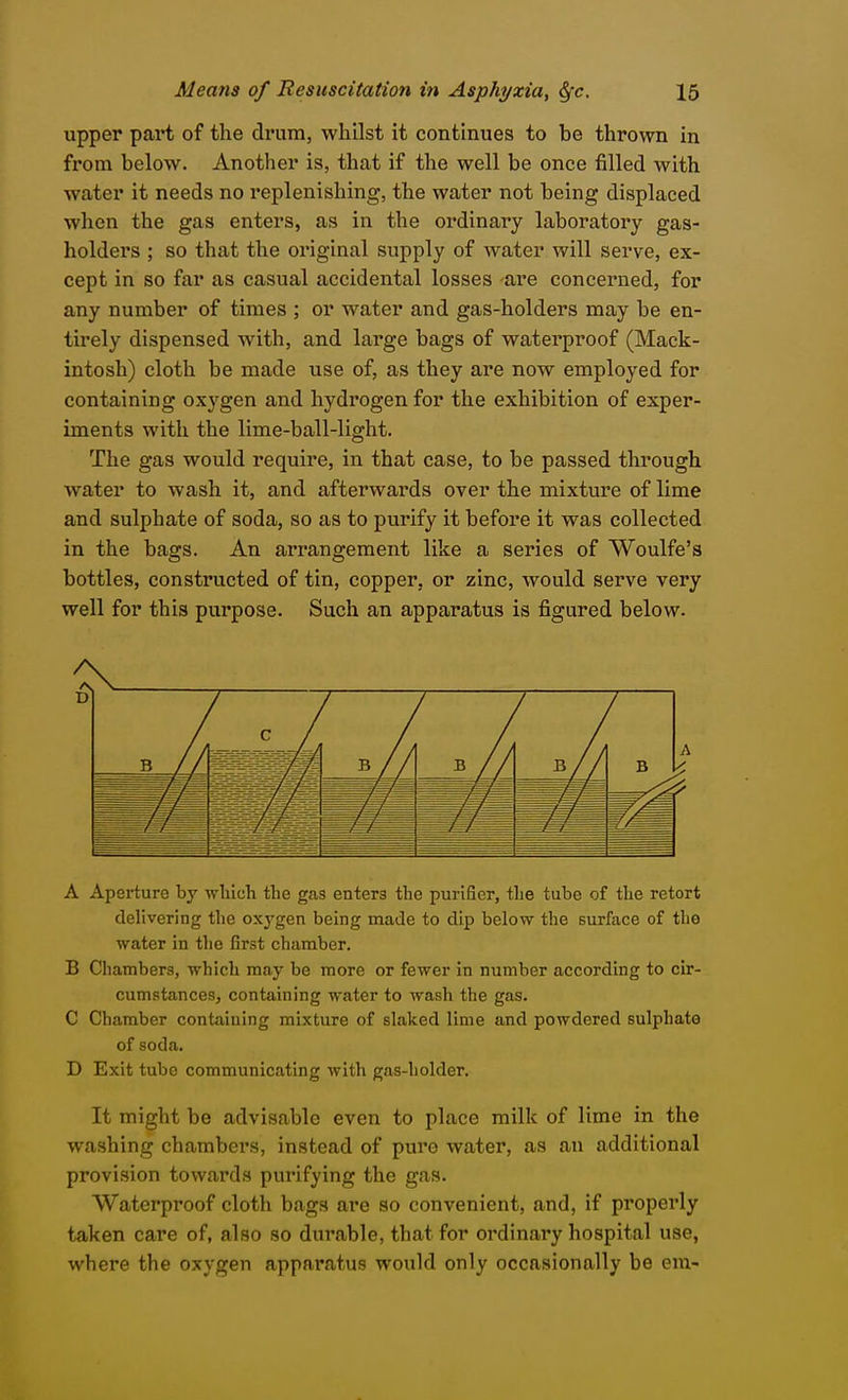 upper pai't of the drum, whilst it continues to be thrown in from below. Another is, that if the well be once filled with water it needs no replenishing, the water not being displaced when the gas enters, as in the ordinary laboratory gas- holders ; so that the original supply of water will serve, ex- cept in so far as casual accidental losses are concerned, for any number of times ; or water and gas-holders may be en- tirely dispensed with, and large bags of waterproof (Mack- intosh) cloth be made use of, as they are now employed for containing oxygen and hydrogen for the exhibition of exper- iments with the lime-ball-light. The gas would require, in that case, to be passed through water to wash it, and afterwards over the mixture of lime and sulphate of soda, so as to purify it before it was collected in the bags. An arrangement like a series of Woulfe's bottles, constructed of tin, copper, or zinc, would serve very well for this purpose. Such an apparatus is figured below. A Aperture by wliich the gas enters the purifier, the tube of the retort delivering the oxj'-gen being made to dip below the surface of the water in the first chanaber. B Chambers, which may be more or fewer in number according to cir- cumstances, containing water to wash the gas. C Chamber containing mixture of slaked lime and powdered sulphate of soda. D Exit tube communicating with gas-holder. It might be advisable even to place milk of lime in the washing chambers, instead of pure water, as an additional provision towards purifying the gas. Waterproof cloth bags are so convenient, and, if properly taken care of, also so durable, that for ordinary hospital use, where the oxygen apparatus would only occasionally be em-