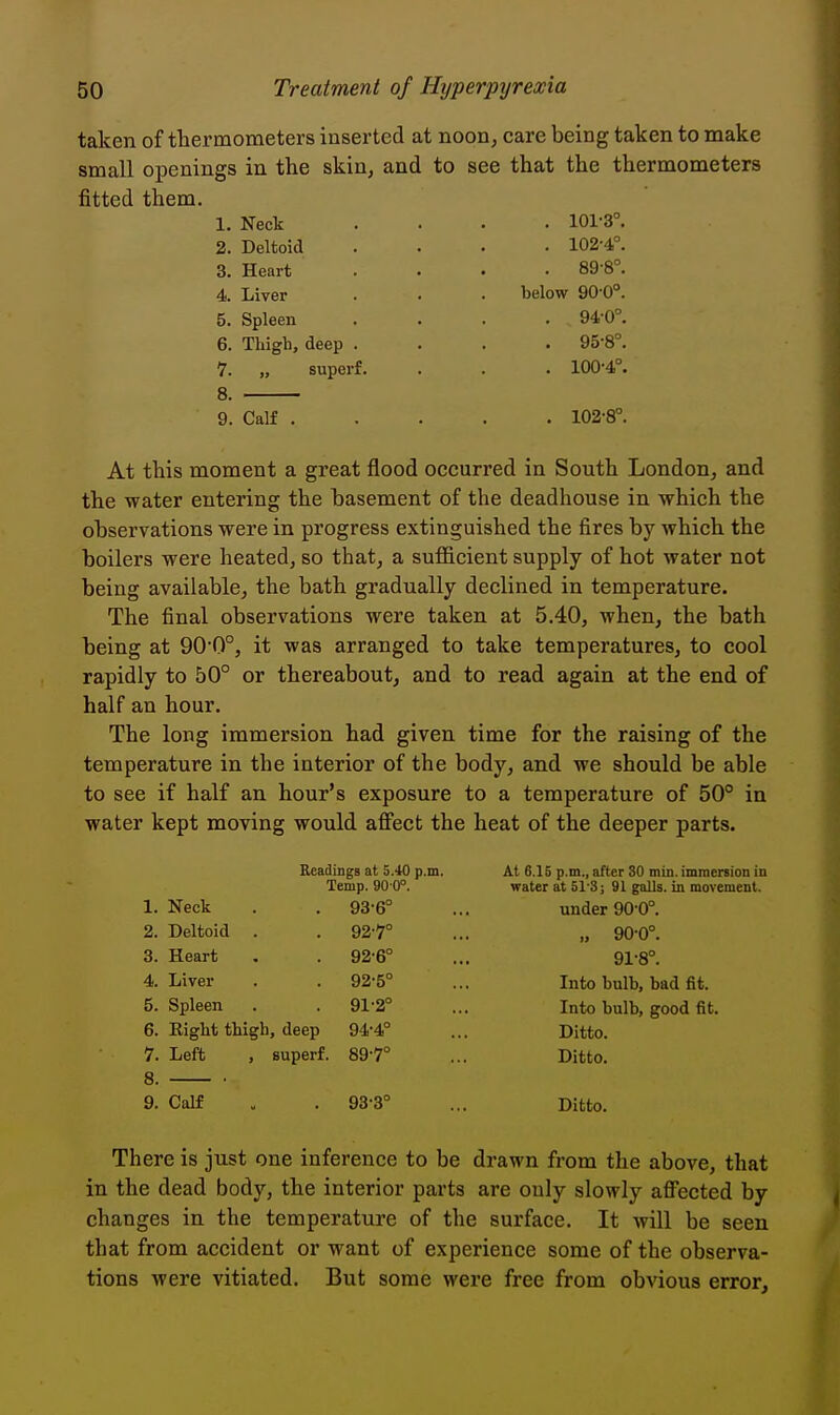 taken of thermometers inserted at noon, care being taken to make small openings in the skin, and to see that the thermometers fitted them. 1. Neck .... 101-3°. 2. Deltoid 3. Heart 4. Liver 5. Spleen 6. Thigh, deep 7. „ superf. 8. 9. Calf , . 102-4°. . 89-8°. below 90-0°. . 94-0°. . 95-8°. . 100-4°. . 102-8°. At this moment a great flood occurred in South London, and the water entering the hasement of the deadhouse in which the observations were in progress extinguished the fires by which the boilers were heated, so that, a sufficient supply of hot water not being available, the bath gradually declined in temperature. The final observations were taken at 5.40, when, the bath being at 900°, it was arranged to take temperatures, to cool rapidly to 50° or thereabout, and to read again at the end of half an hour. The long immersion had given time for the raising of the temperature in the interior of the body, and we should be able to see if half an hour's exposure to a temperature of 50° in water kept moving would affect the heat of the deeper parts. 1. Neck 2. Deltoid 3. Heart 4. Liver 5. Spleen 6. Eight thigh, deep 7. Left , superf. 8. • 9. Calf Readings at 5.40 p.m. Temp. 90 0°. 93- 6° 92-7° 92-6° 92-5° 91-2° 94- 4° 89-7° 93-3° At 6.15 p.m., after 30 min. immersion in water at SI'S; 91 galls, in movement. under 90-0°. „ 90-0°. 91-8°. Into bulb, bad fit. Into bulb, good fit. Ditto. Ditto. Ditto. There is just one inference to be drawn from the above, that in the dead body, the interior parts are only slowly affected by changes in the temperature of the surface. It will be seen that from accident or want of experience some of the observa- tions were vitiated. But some were free from obvious error.