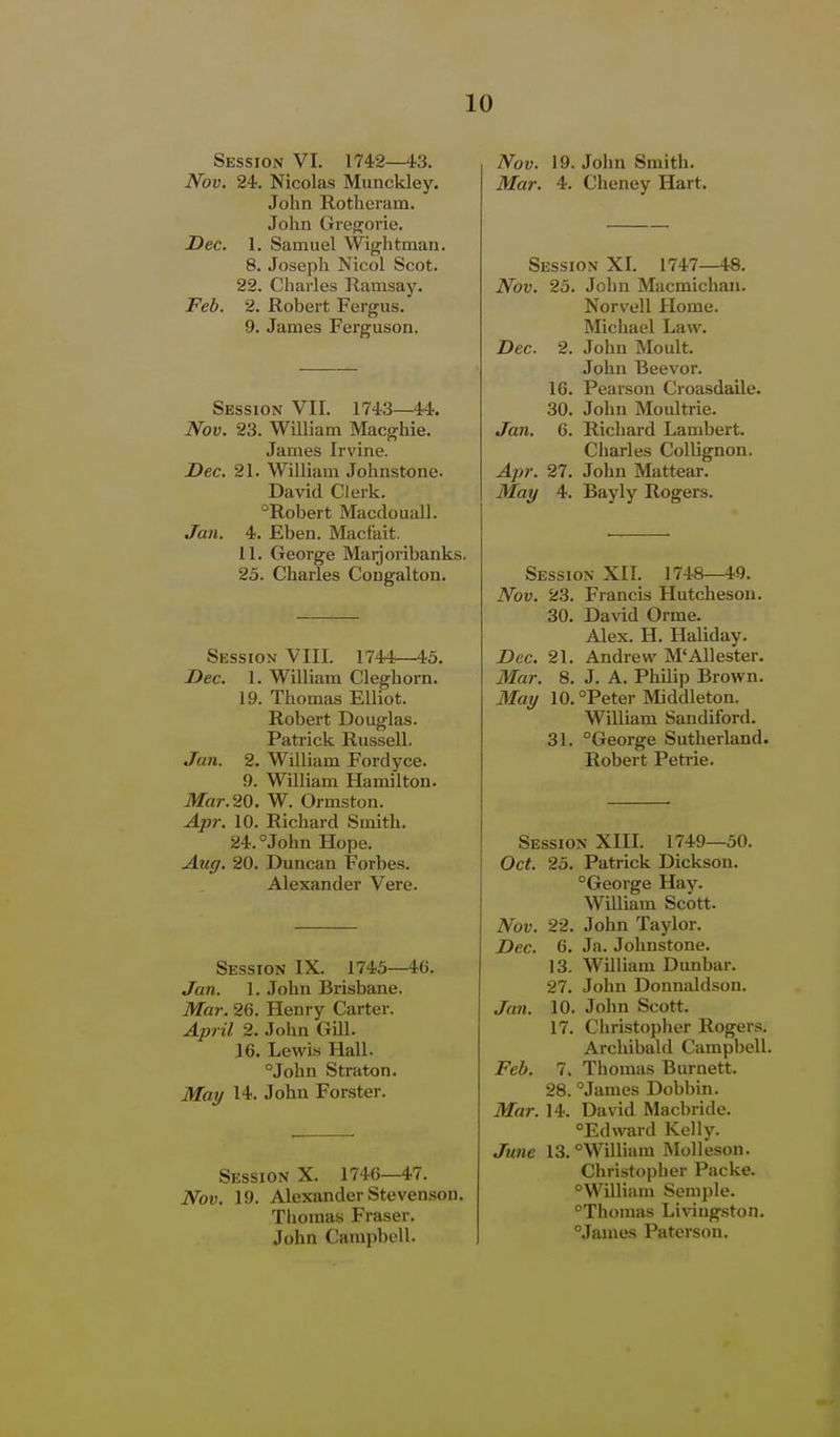 Session VI. 1742—4-3. Nov. 24. Nicolas Munckley. John Rotheram. John Gre<?one. Dec. 1. Samuel Wightman. 8. Joseph Nicol Scot. 22. Charles Ramsay. Feb. 2. Robert Fergus. 9. James Ferguson. Session VII. 1743—44. Nov. 23. William Macghie. James Irvine. Dec. 21. William Johnstone. David Clerk. ''Robert Macdouall. Jan. 4. Eben. Macfait. 11. George Maijoribanks. 23. Charles Congalton. Session VIII. 1744—45. Dec. 1. William Cleghorn. 19. Thomas Elliot. Robert Douglas. Patrick Russell. Jan. 2. William Fordyce. 9. William Hamilton. Mar.20. W. Ormston. Apr. 10. Richard Smith. 24.°John Hope. Aug. 20. Duncan Forbes. Alexander Vere. Session IX. 1743—46. Jan. 1. John Brisbane. Mar. 26. Henry Carter. April 2. John Gill. 16. Lewis Hall. °John Straton. Mai/ 14. John Forster. Session X. 1746—47. Nov. 19. Alexander Stevenson. Thomas Fraser. John Campbell. Nov. 19. John Smith. Mar. 4. Cheney Hart. Session XI. 1747—48. Nov. 23. John Macmichan. Norvell Home. Michael Law. Dec. 2. John Moult. John Beevor. 16. Pearson Croasdaile. 30. John Moultrie. Jan. 6. Richard Lambert. Charles Collignon. Apr. 27. John Mattear. May 4. Bayly Rogers. Session XIL 1748—49. Nov. 23. Francis Hutcheson. 30. David Orme. Alex. H. Haliday. Dec. 21. Andrew M'All ester. Mar. 8. J. A. Philip Brown. May 10.°Peter Middleton. William Sandiford. 31. °George Sutherland. Robert Petrie. Session XIII. 1749—50. Oct. 25. Patrick Dickson. George Hay- William Scott. Nov. 22. John Taylor. Dec. 6. Ja. Johnstone. 13. William Dunbar. 27. John Donnaldson. Jan. 10. John Scott. 17. Christopher Rogers. Archibald Campbell. Feb. 7. Thomas Burnett. 28. James Dobbin. Mar. 14. David Macbride. Edward Kelly. June 13. William Molleson. Christopher Packe. William Semple. Thomas Livingston. James Patersou.