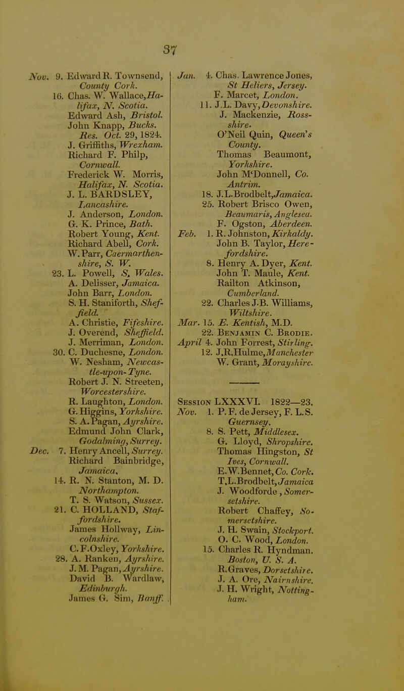 Nov. 9. Edward R. Tovvnseud, County Cork. 16. Cbas. W. Wallace.Ha- lifax, N. Scotia. Edward Ash, Bristol. John Knapp, Bucks. Res. Oct. 29, 1824. J. Griffiths, Wrexham. Richard F. Philp, Cornwall. Frederick W. Morris, Halifax, N. Scotia. J. L. BARDSLEY, Lancashire. J. Anderson, London. G. K. Prince, Bath. Robert Young, Kent. Richard Abell, Cork. W. Parr, Caermarthen- shire, S. W. 23. L. Powell, S. Wales. A. Delisser, Jamaica. John Barr, London. S. H. Staniforth, Shef- field. A. Christie, Fifeshire. J. Overend, Sheffield. J. Merriman, London. 30. C. Duchesne, London. W. Nesham, Newcas- tle-upon- Tyne. Robert J. N. Streeten, Worcestershire. R. Laughton, London. G. Higgins, Yorkshire. S. A. Pagan, Ayrshire. Edmund John Clark, Godalminff, Surrey. Dec. 7. Henry Ancell, Surrey. Richard Bainbridge, Jamaica, 14. R. N. Stanton, M. D. Northampton. T. S. Watson, Sussex. 21. C. HOLLAND, Staf- fordshire. James Hollway, Lin- colnshire. C.F.Oxley, Yorkshire. 28. A. Ranken, Ayrshire. J. M. Pafran, Ayrshire. David B. Wardlaw, Edinburgh. James G. Sim, Banff. Jan. 4. Chas. Lawi'ence Jones, St Heliers, Jersey. F. Marcet, London. 11. J.L. Yi&vy, Devonshire. J. Mackenzie, Ross- shire. O'Neil Quin, Queen's County. Thomas Beaumont, Yorkshire. John M'Donnell, Co. Antrim. 18. J.L.Brodbelt,Ja/naica. 25. Robert Brisco Owen, Beaumaris, Angleseu. F. Ogston, Aberdeen. Feb. 1. R. Johnston, Kirkaldy. John B. Taylor,Here- fordshire. 8. Henry A. Dyer, Kent. John T. Maule, Kent. Railton Atkinson, Cumberland. 22. Charles J.B. Williams, Wiltshire. Mar. 15. E. Kentish, M.D. 22. Benjamin C. Brodie. April 4. John Forrest, Stirling. 12. 3^,H\x\me,Manchester W. Grant, Morayshire. Session LXXXVL 1822—23. Nov. 1. P. F. de Jersey, F. L. S. Guernsey. 8. S. Pett, Middlesex. G, Lloyd, Shropshire. Thomas Hingston, St Ives, Cornwall. E.W.Bennet, Co. Cork. T.L.Brodbelt, J^awaica J. Woodforde, 6'ojwer- setshire. Robert Chaffey, So- mersetshire. J. H. Swain, Stockport. O. C. Wood, London. 15. Charles R. Hyndman. Boston, U. S. A. R.Graves, Dorsetshire. J. A. Ore, IVairiishire. J. H. Wright, A^otting- ham.