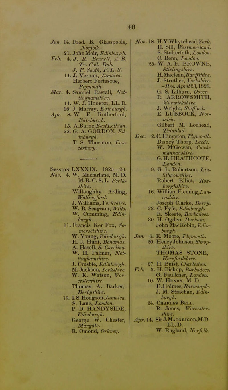 Feb. Jan. 14. Fred. B. Glasspoole, Norfolk. 21. John Moil-, Edinburgh. i.J. R. Bennett, A. B. Tr. Coll Bub. J. F. South, F. L. S. 11. J. Vernon, Jamaica. Herbert Fortescue, Plymouth. Mar. 4. Samuel Rastall, Not- tinghamshire. 11. W. J. Hooker, LL. D. 18. J. Murray, Edinburgh. 8. W. E. Rutherford, Edinburgh. 15. A.'Bume,EastLothian. 22. G. A. GORDON, Ed- inburgh. T. S. Thornton, Can- terbury. Apr. Session LXXXIX. 1825—26. Nov. 4. W. Macfarlane, M. D. M.R.C. S.L. Perth- shire. Willoughby Arding, Wallingj'ord. J. Williams, Yorkshire. W. B. Seagram, Wilts. W. Gumming, Edin- burgh. 11. Francis Ker Fox, So- mersetshire. W. Young, Edinburgh. H. J. Hunt, Bahamas. A. Hasell, S. Carolina. W. H. Palmer, Not- tinghamshirc. J. Crosbie, Edinburgh. M. Jackson, Yorkshire. W. K. Watson, Wor- cestershire. Thomas A. Barker, Derbyshire. 18. I. S. Hodgson,J^ftwja/ca. S. Lane, London. P. D. HANDYSIDE, Edinburgh. George W. Chester, Margate. R. Omond, Or-kitey. Nov. 18. H.Y.Whytehead,ror/i-. H. SUl, Westmoreland. S. Stolterfoth, London. C. Benn, London. 25. W. A. F. BROWNE, Stirlingshire. fl.Maclean,Banffshire. J. Strother, Yorkshire. -Mes. April23,1828. G. S. Lilburn, Dover. R. ARROWSMITH, Warwickshire. J. Wright, Stafford. E. LUBBOCK, Nor- wich. Gilbert M. Lochead, Ti-inidad. Dec. 2. C. Hingston, Plymouth. Disney Thorp, Leeds. W. M'Gowan, Clack- mannanshire. G.H. HEATHCOTE, London. 9. G. L. Robertson, Lin- lithgowshire. Robert Elliot, Rox- burghshire. 16. WilliamFleming,Z/a«- cashire. Joseph Clarke, Derry. 23. C. Fyfe, Edinburgh. E. Skeete, Barbadoes. 30. H. Ogden, Durham. John Mac Robin, Edin- burgh. Jan. 6. E. Moore, Plymouth. 20. Henrj^ Johnson, A7^ro/)- shire. THOMAS STONE, Herefordshire. 27. H. Buist, Charleston. Feb. 3. H. Bishop, Barbadoes. G. Faulkner, London. 10. W. Henry, M. D. E. Holmes, Ba rnstaple. J. M. Strachan, Edin- burgh. 24. Charles Bell. R. Jones, Worcester- shire. Apr. 14. Sir J.Macgrigor.M.D. LL. D. W. England, Norfolk.